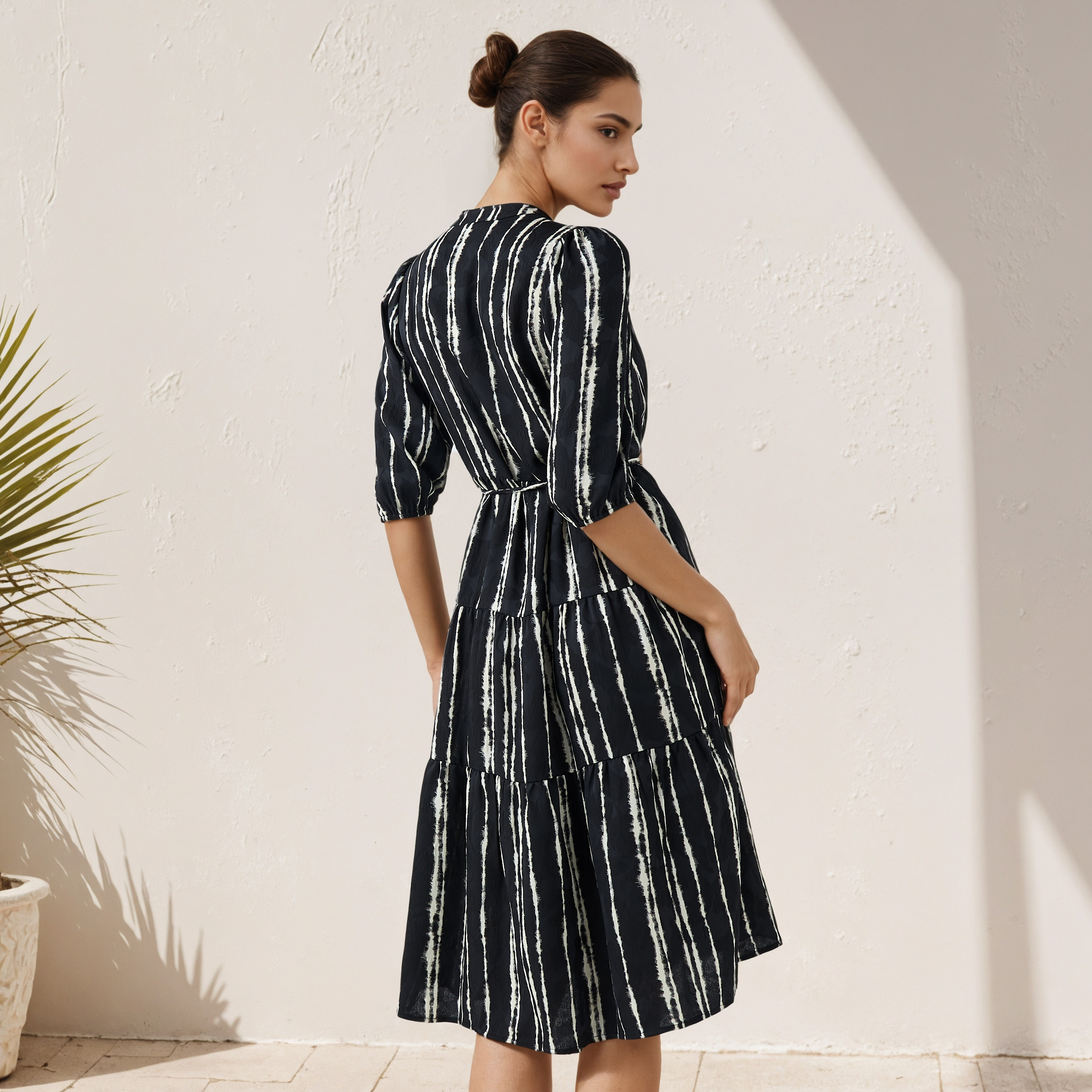 Printed Midi Women Dress with Pintuck Detail Viscose-women-clothing-dresses-image-3