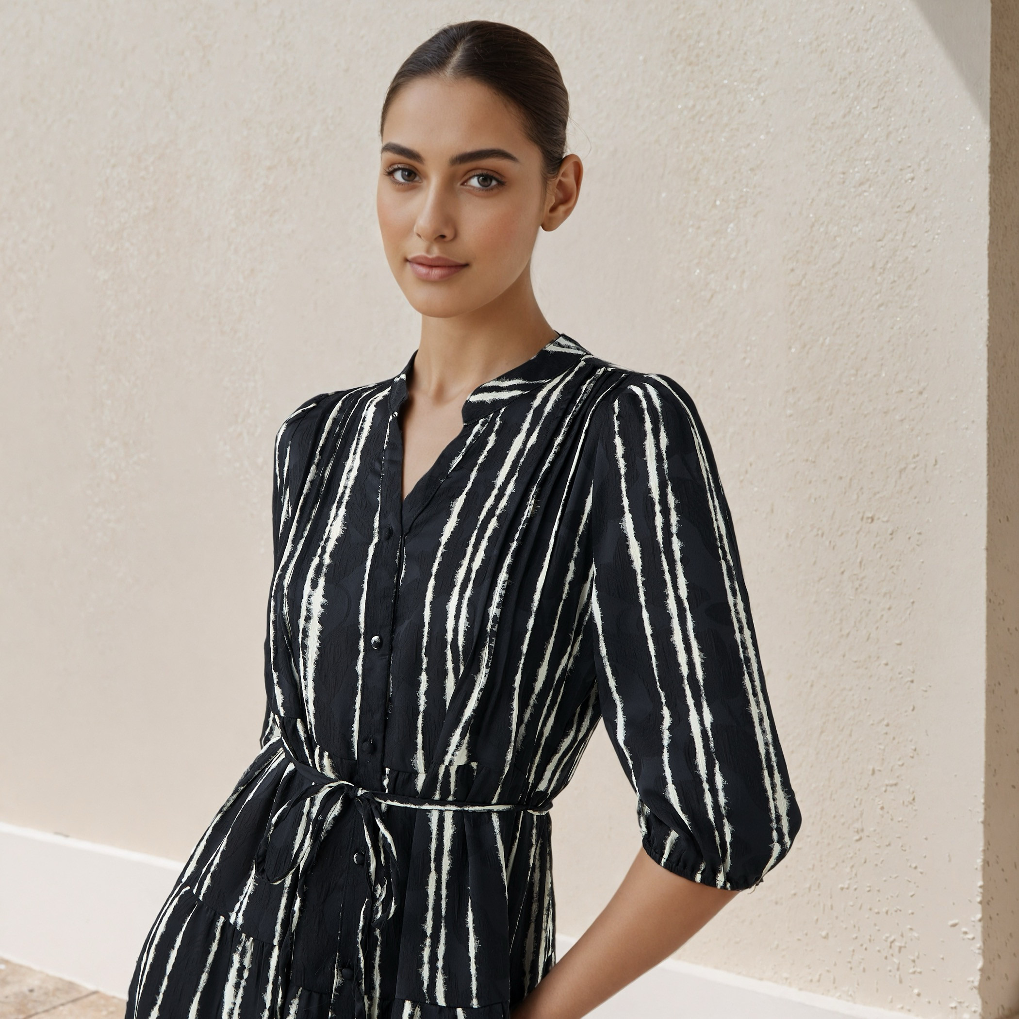 Printed Midi Women Dress with Pintuck Detail Viscose-women-clothing-dresses-image-4