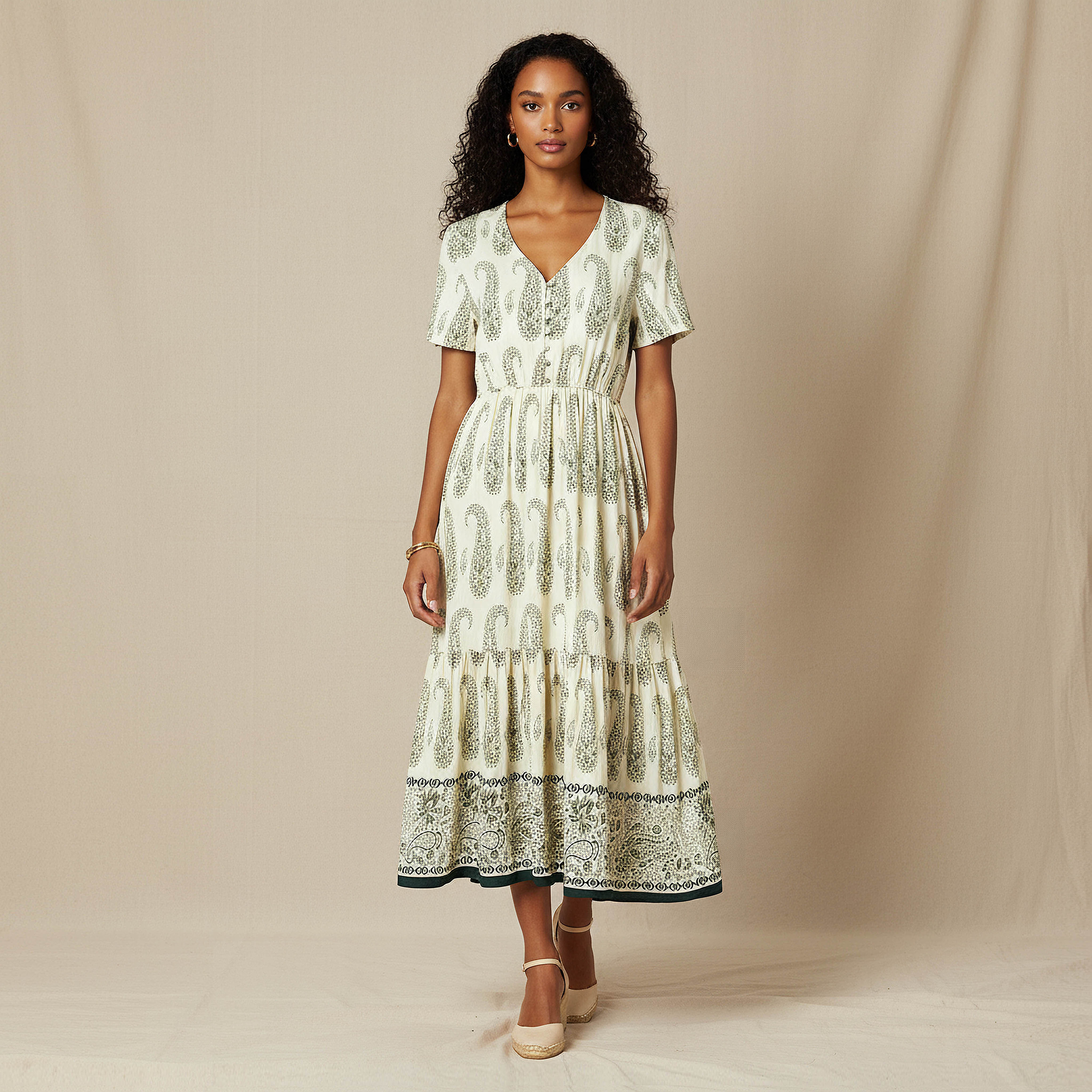Paisley Print Tiered Women Dress with Short Sleeves-women-clothing-dresses-image-1