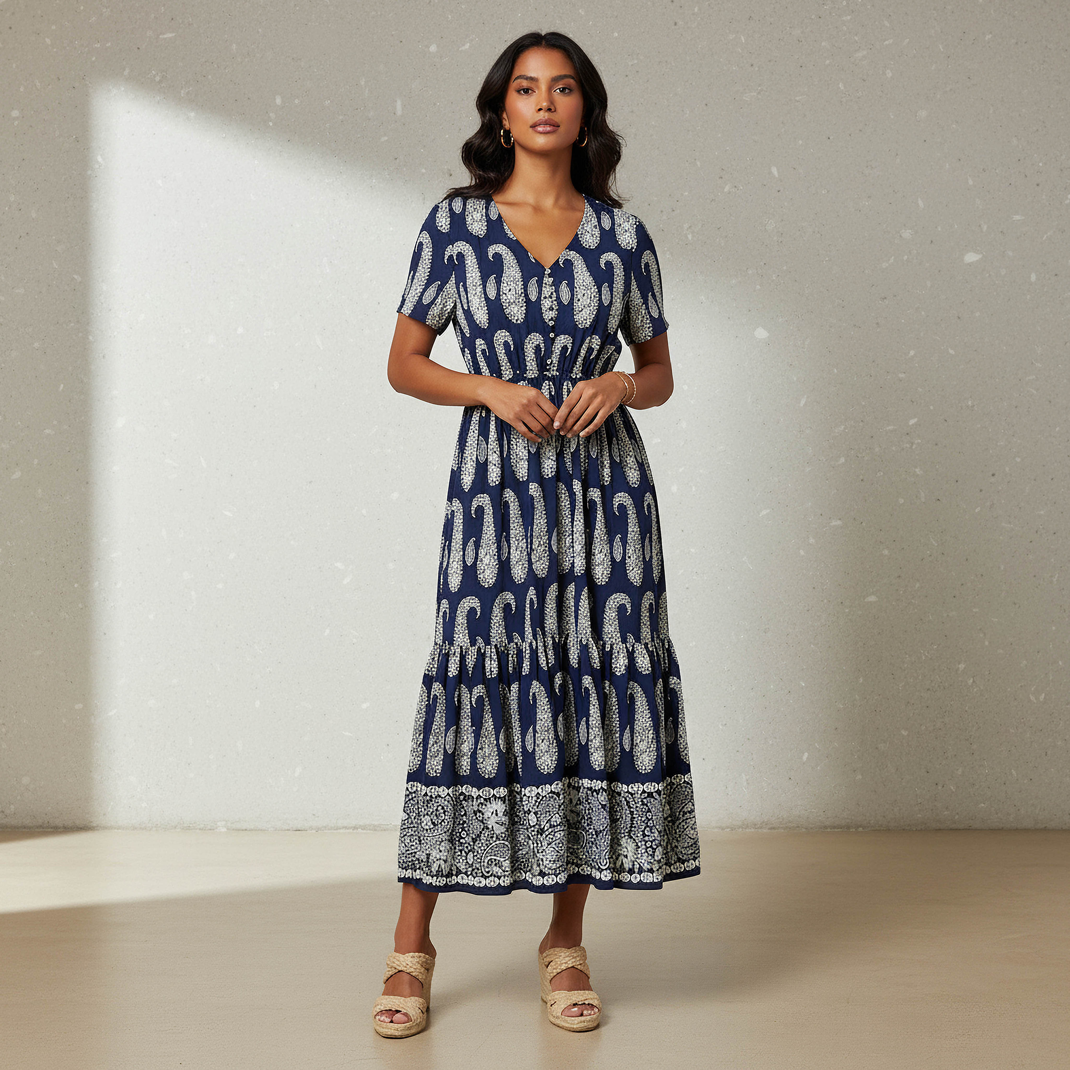 Paisley Print Tiered Women Dress with Short Sleeves-women-clothing-dresses-image-1