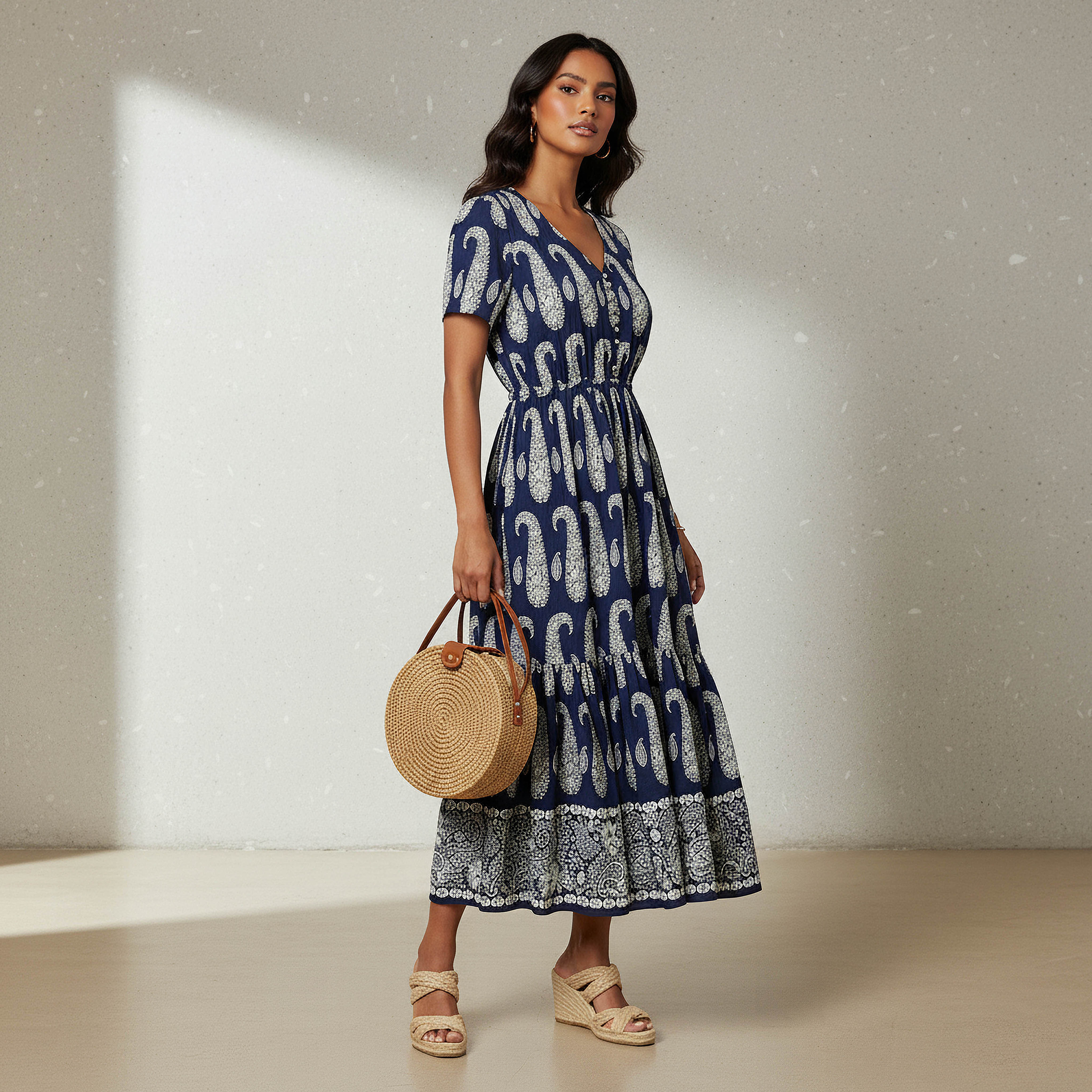 Paisley Print Tiered Women Dress with Short Sleeves-women-clothing-dresses-image-2