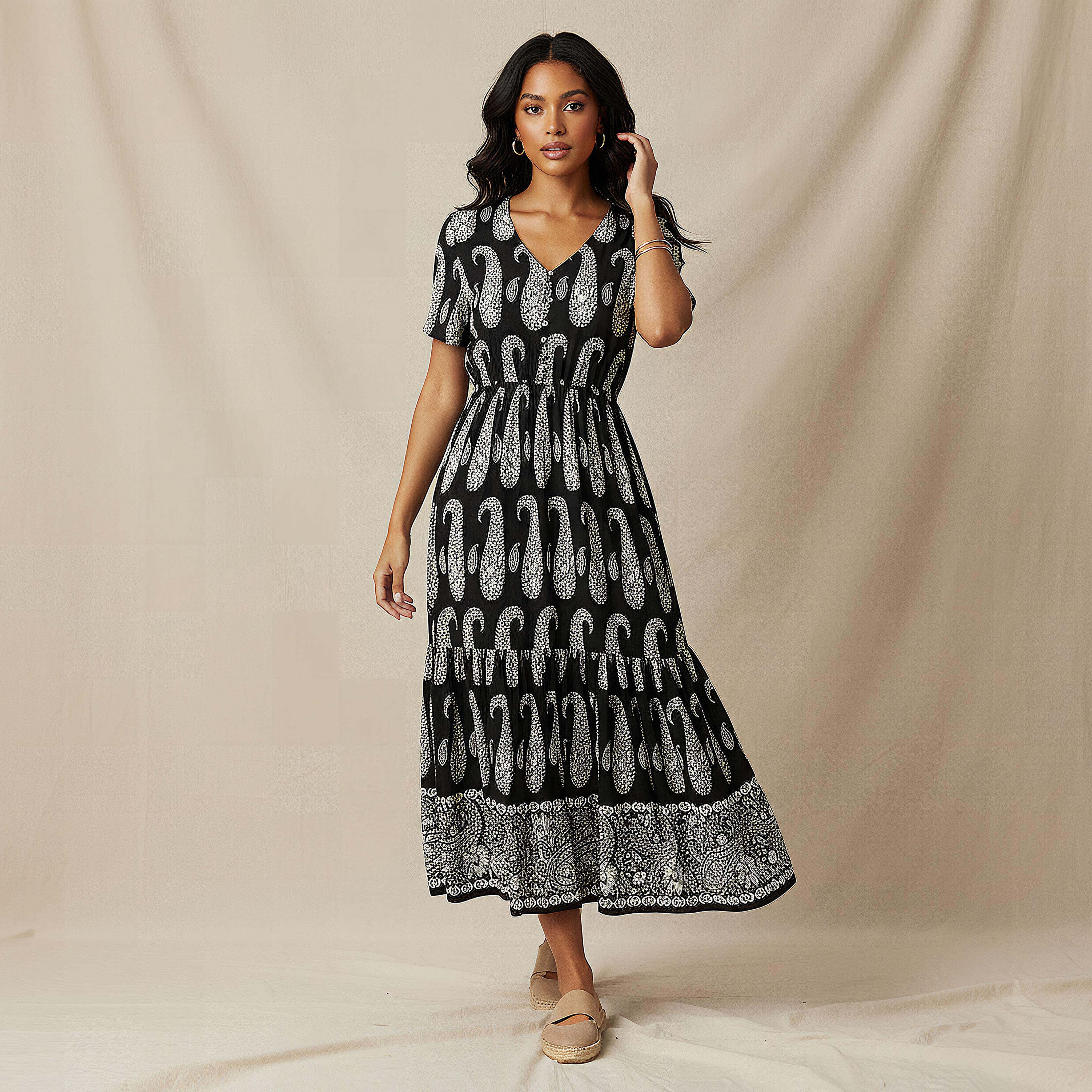 Paisley Print Tiered Women Dress with Short Sleeves-women-clothing-dresses-image-1