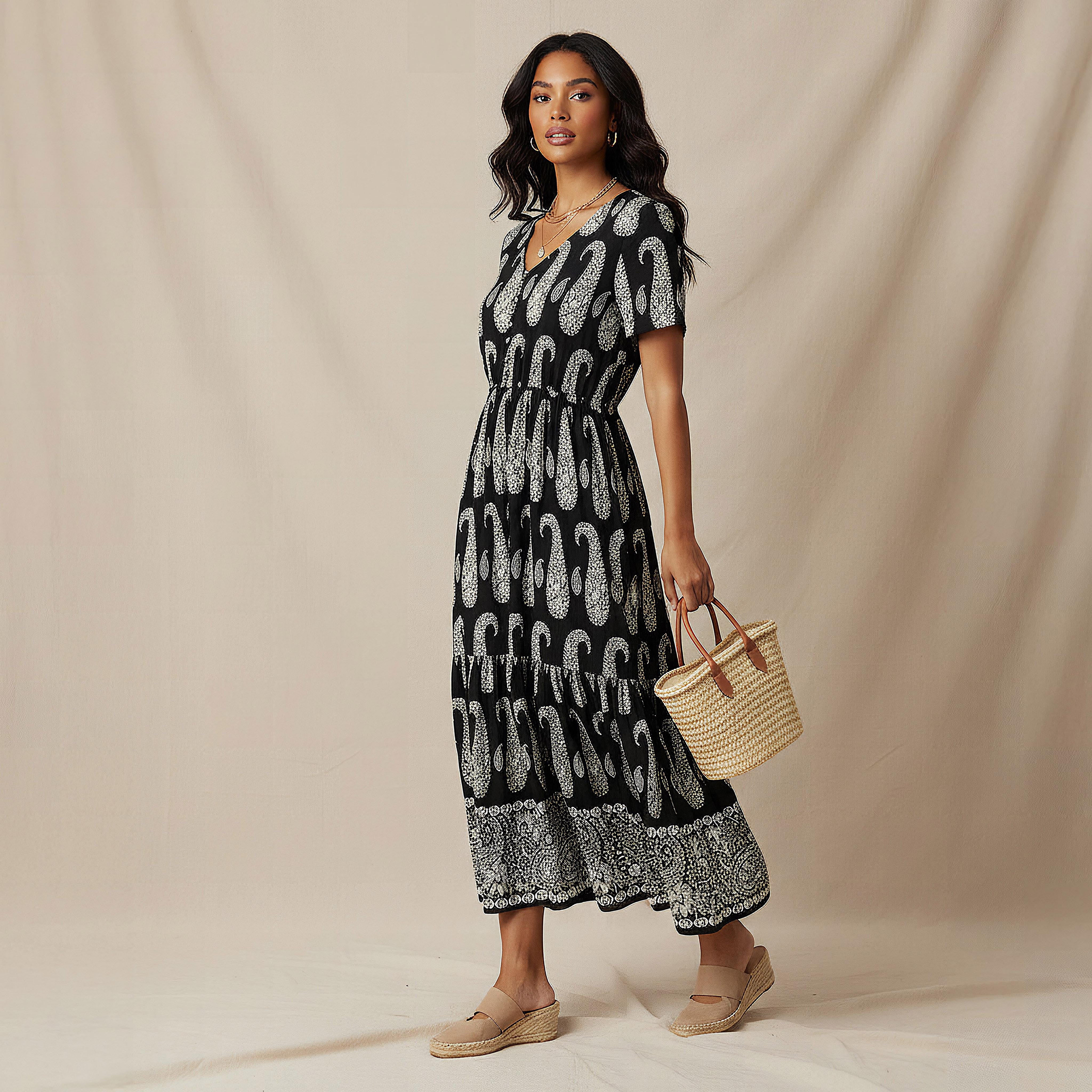 Paisley Print Tiered Women Dress with Short Sleeves-women-clothing-dresses-image-2