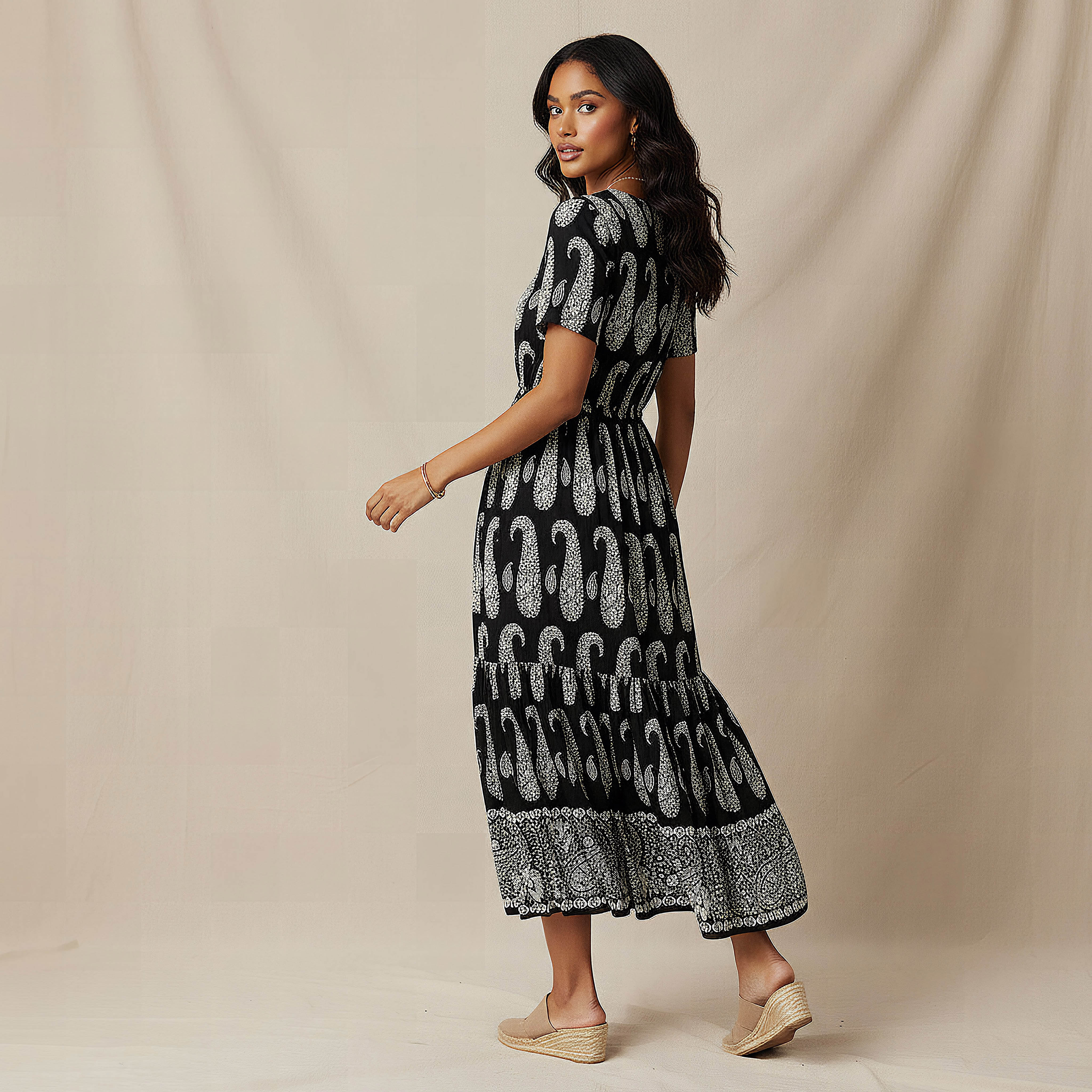 Paisley Print Tiered Women Dress with Short Sleeves-women-clothing-dresses-image-3
