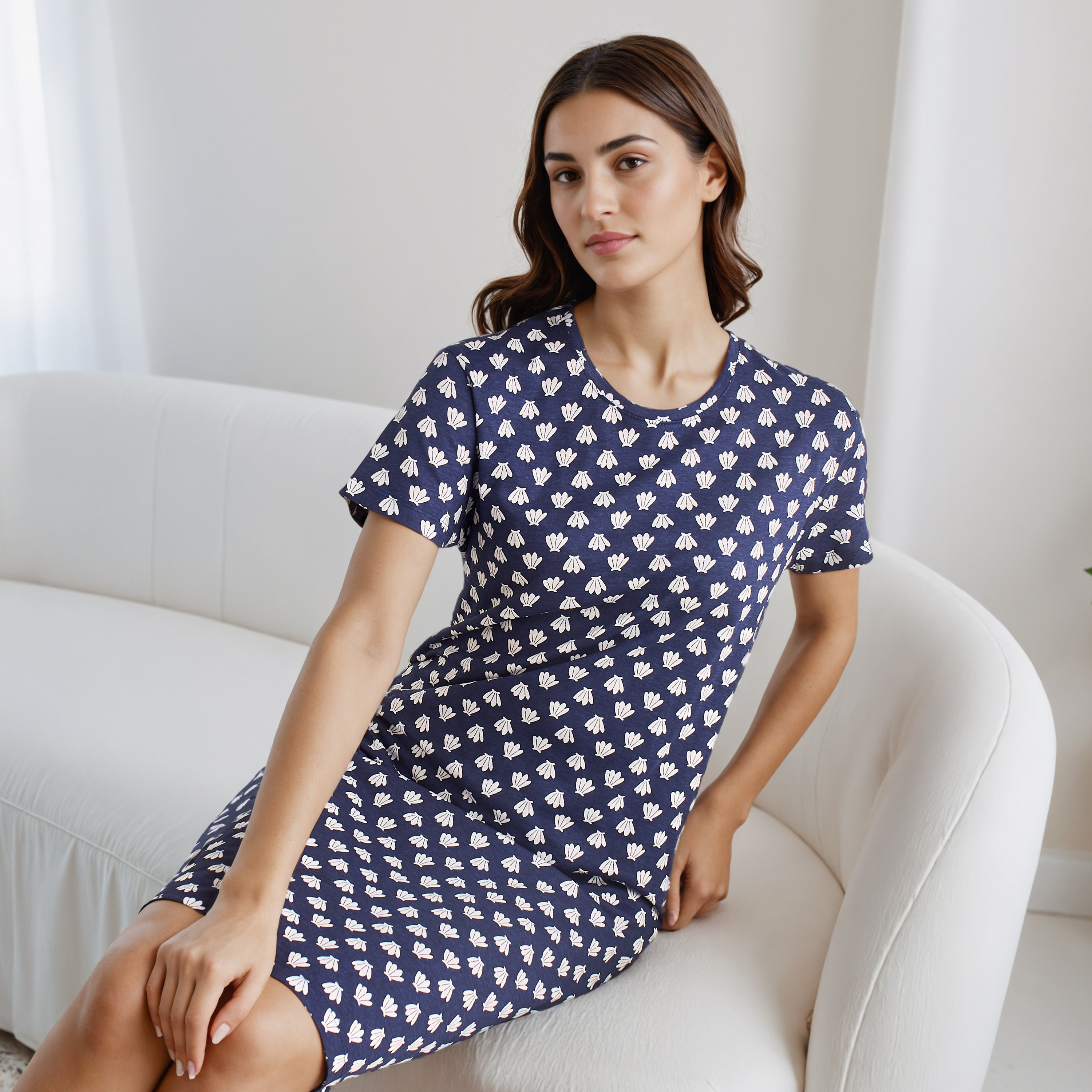 Knee Length Night Dress with Print-women-clothing-nightwear-nighties-image-1