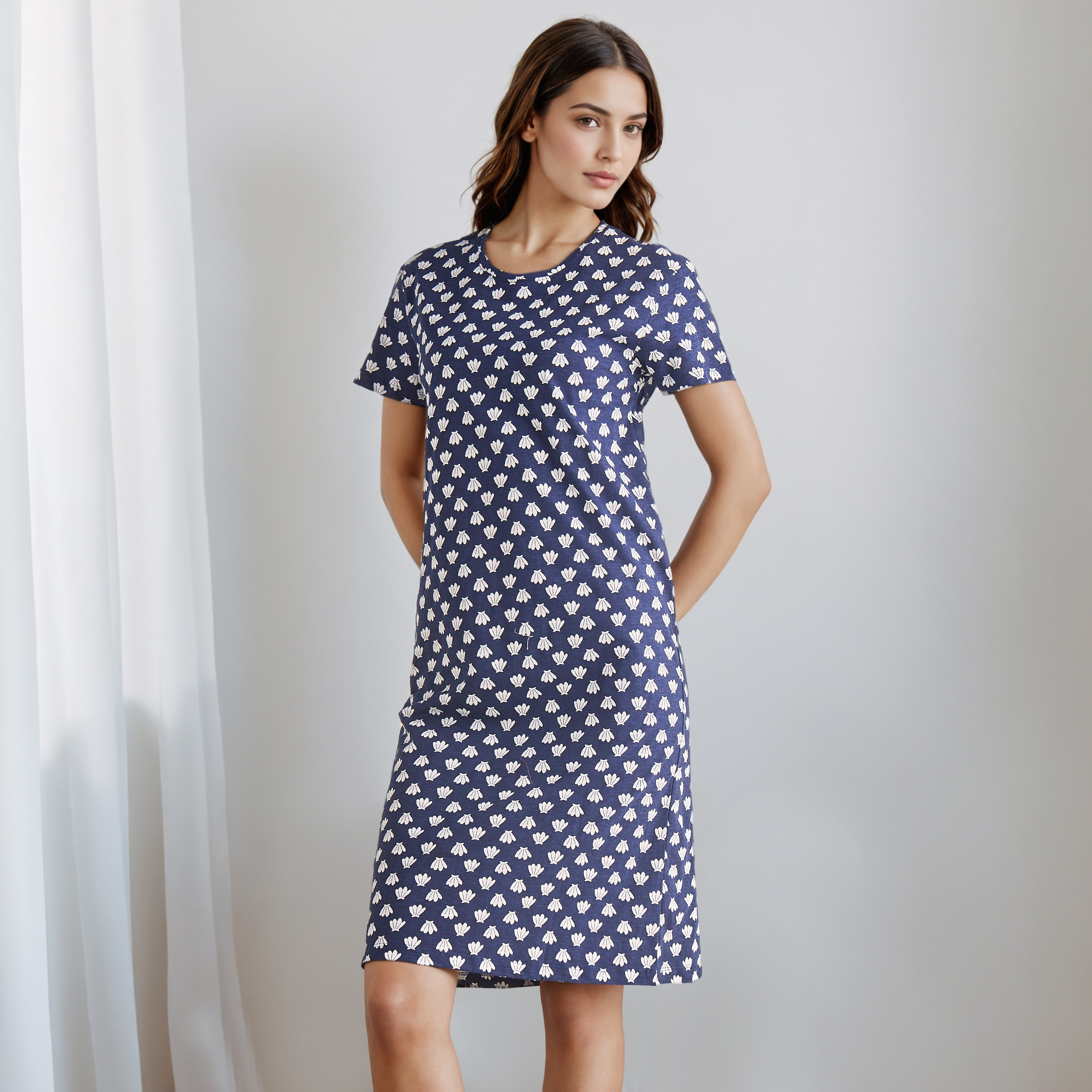 Knee Length Night Dress with Print-women-clothing-nightwear-nighties-image-2