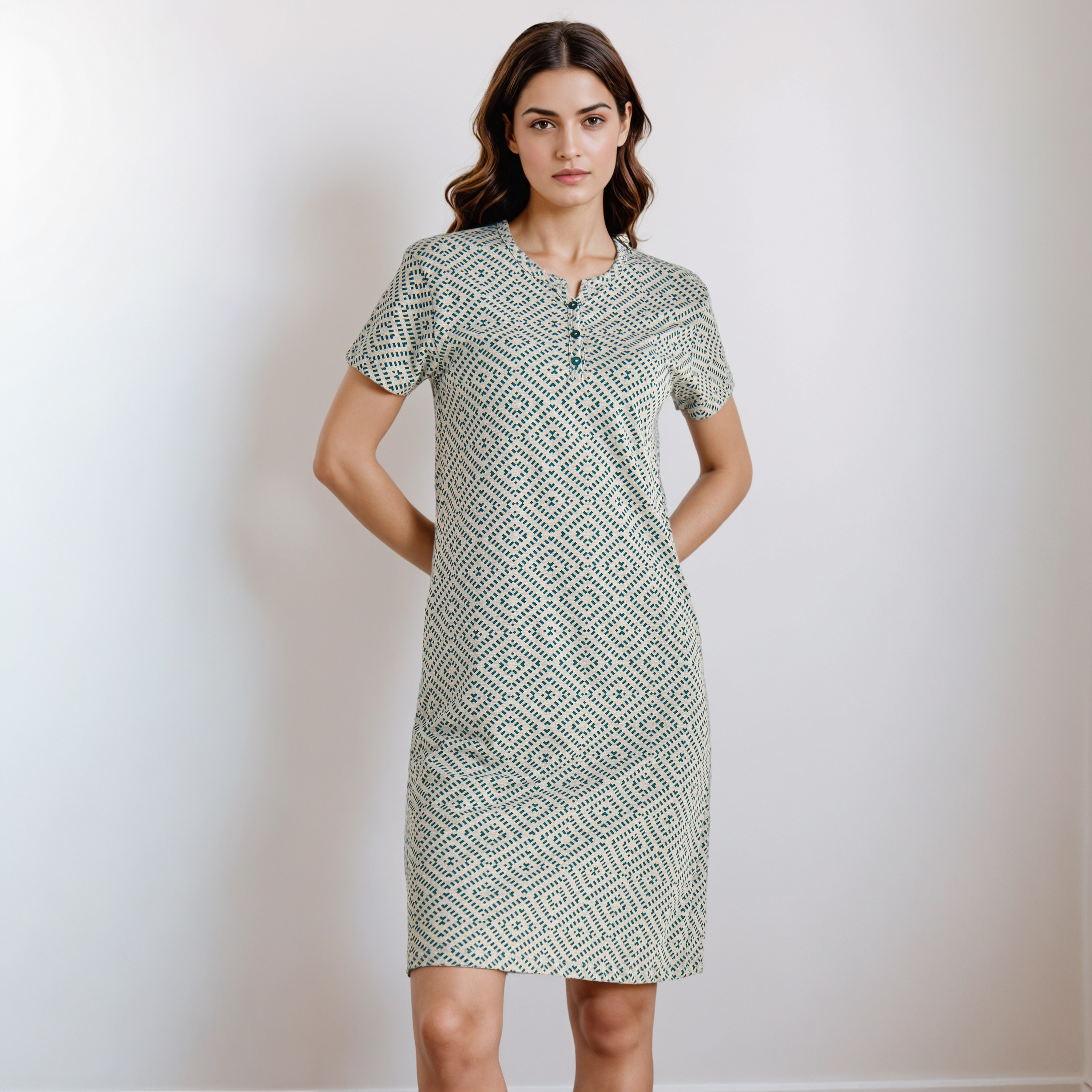 Knee Length Night Dress with Print-women-clothing-nightwear-nighties-image-1