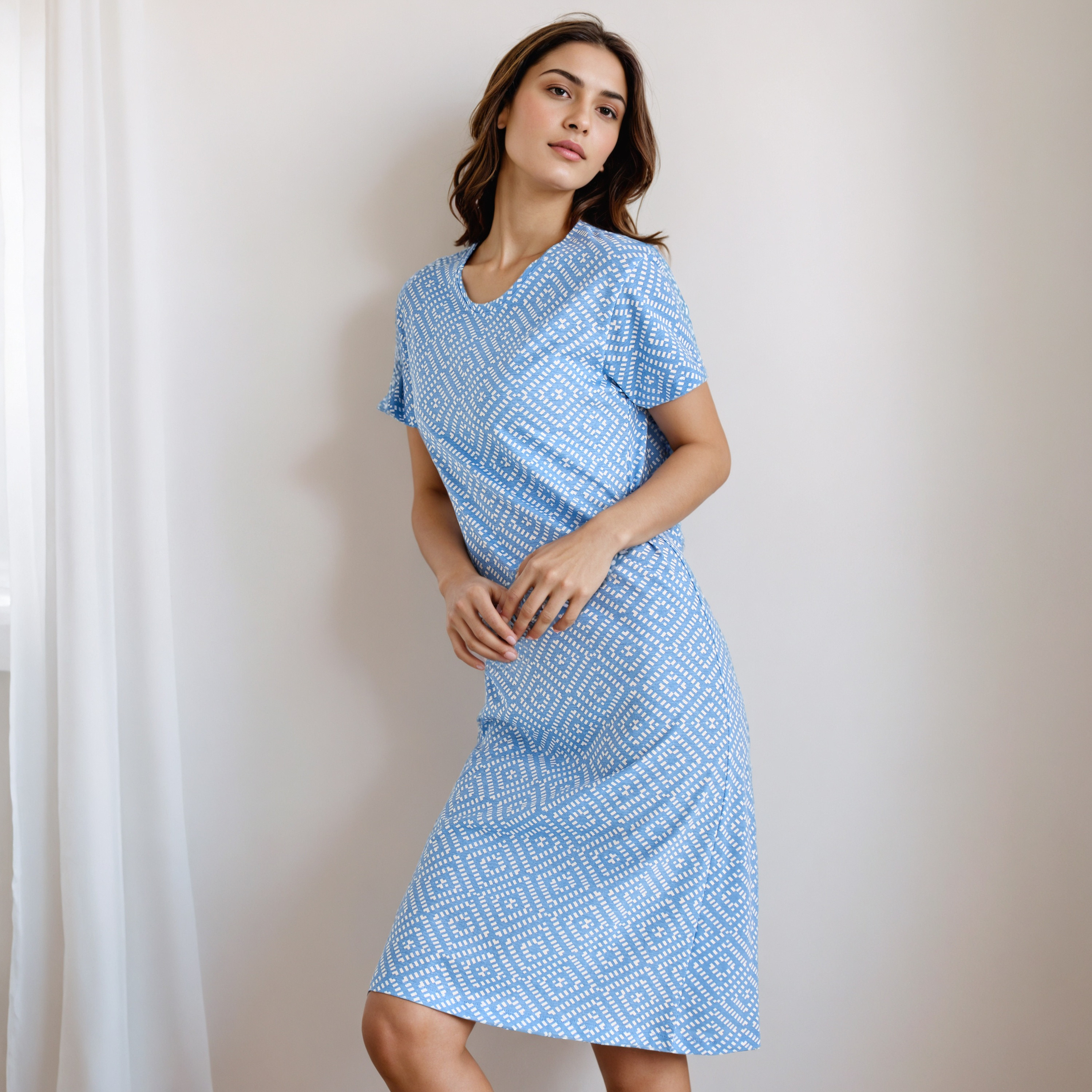 Knee Length Night Dress with Print-women-clothing-nightwear-nighties-image-1