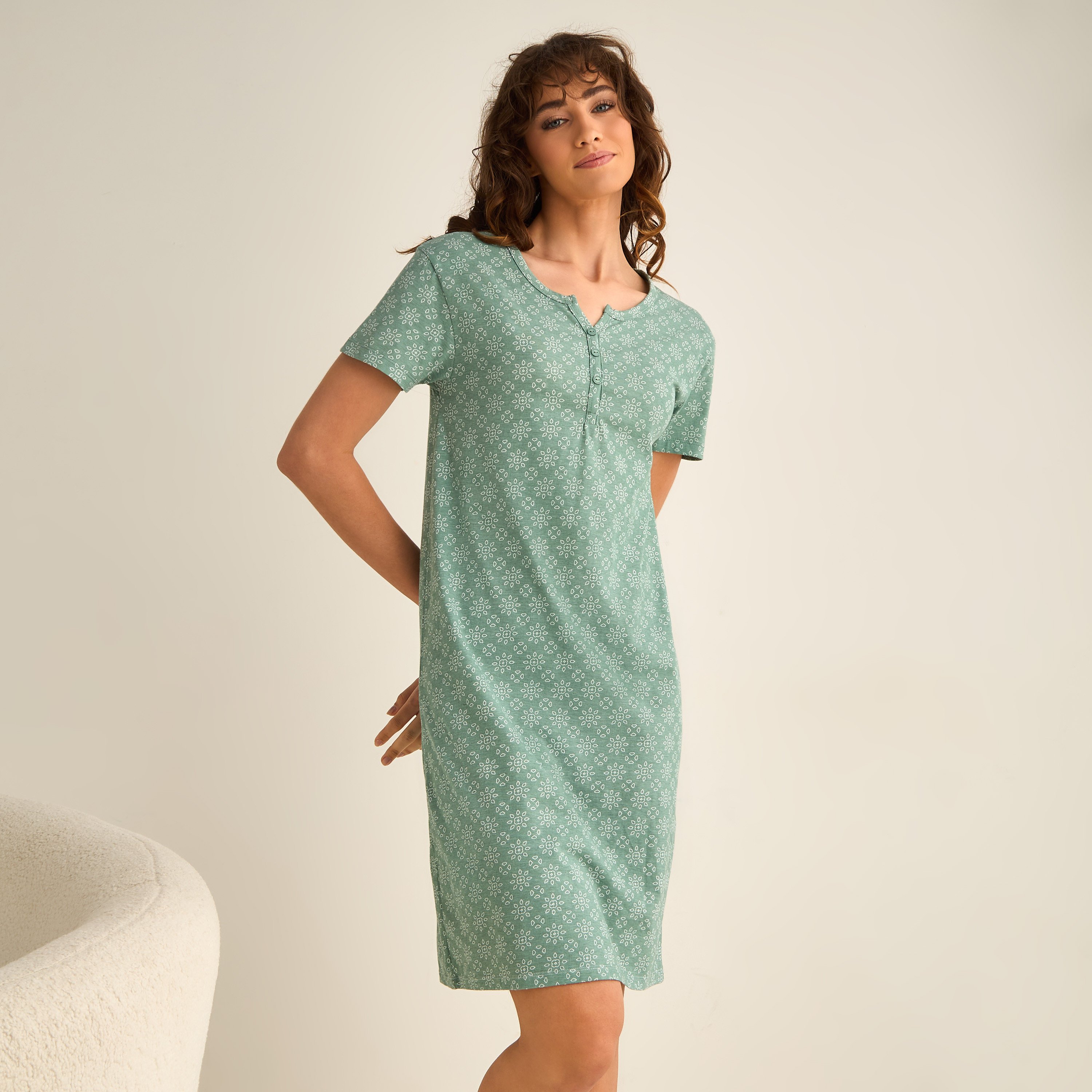Knee Length Night Dress with Print-women-clothing-nightwear-nighties-image-2