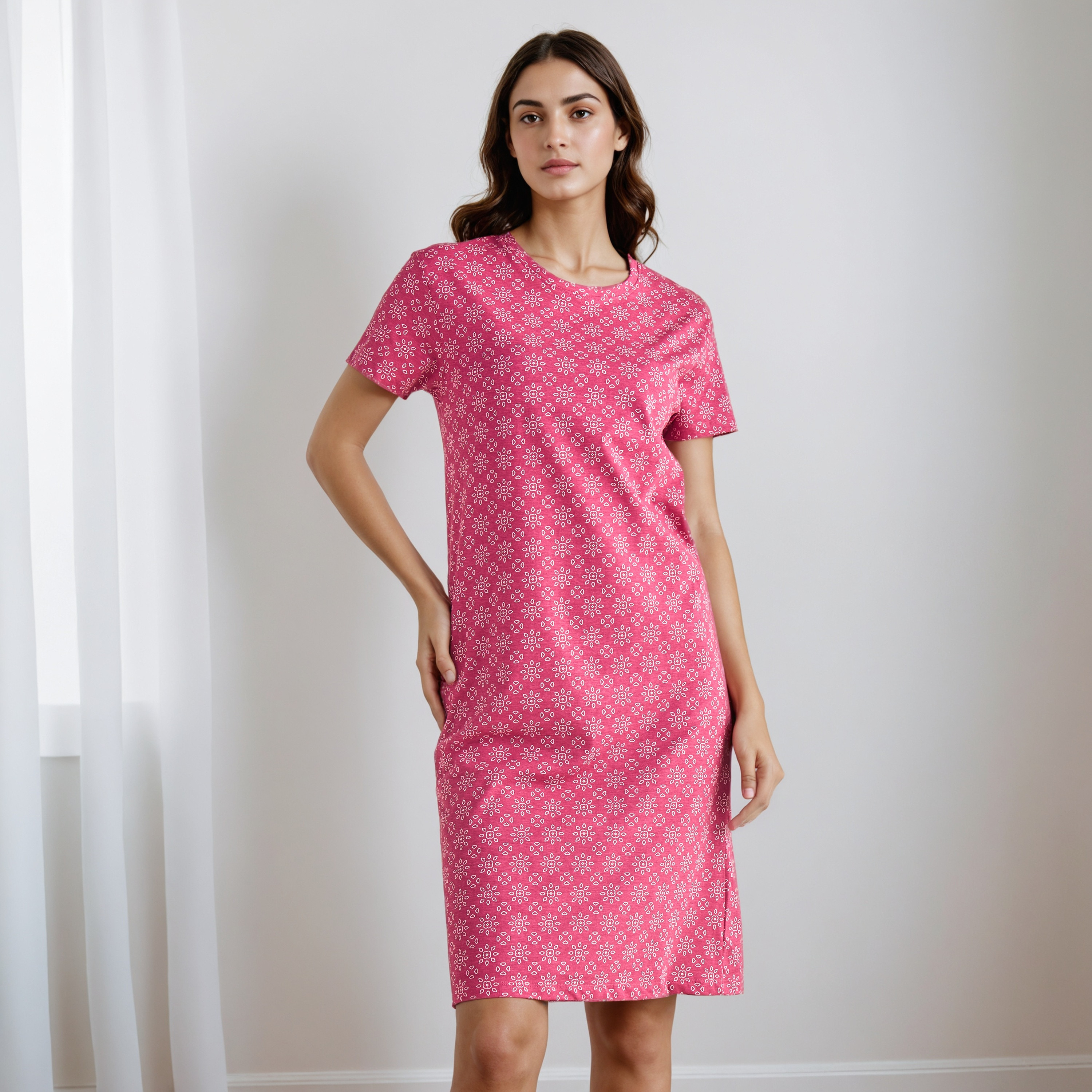 Knee Length Night Dress with Print-women-clothing-nightwear-nighties-image-1