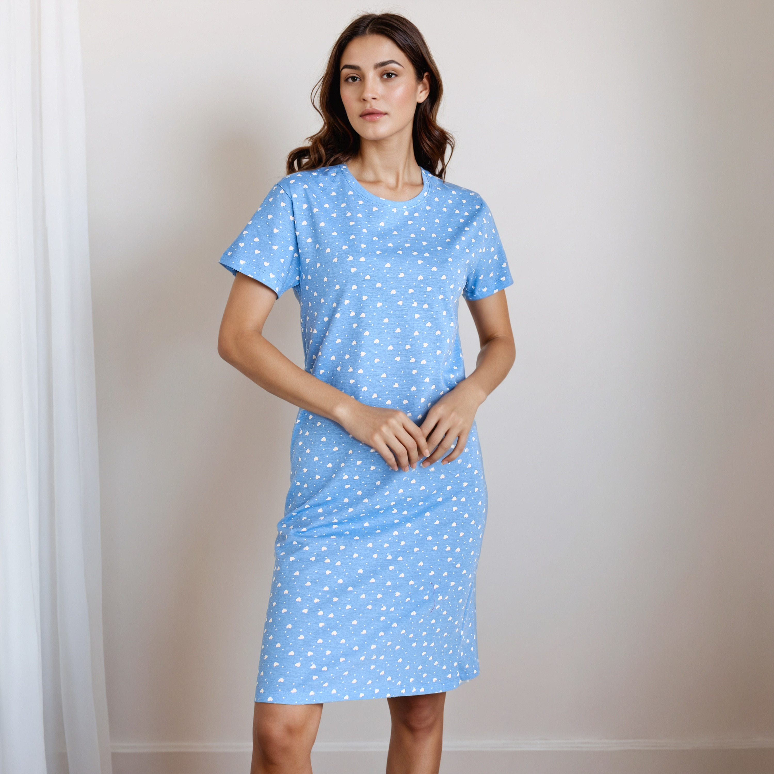 Knee Length Night Dress with Heart Print-women-clothing-nightwear-nighties-image-2