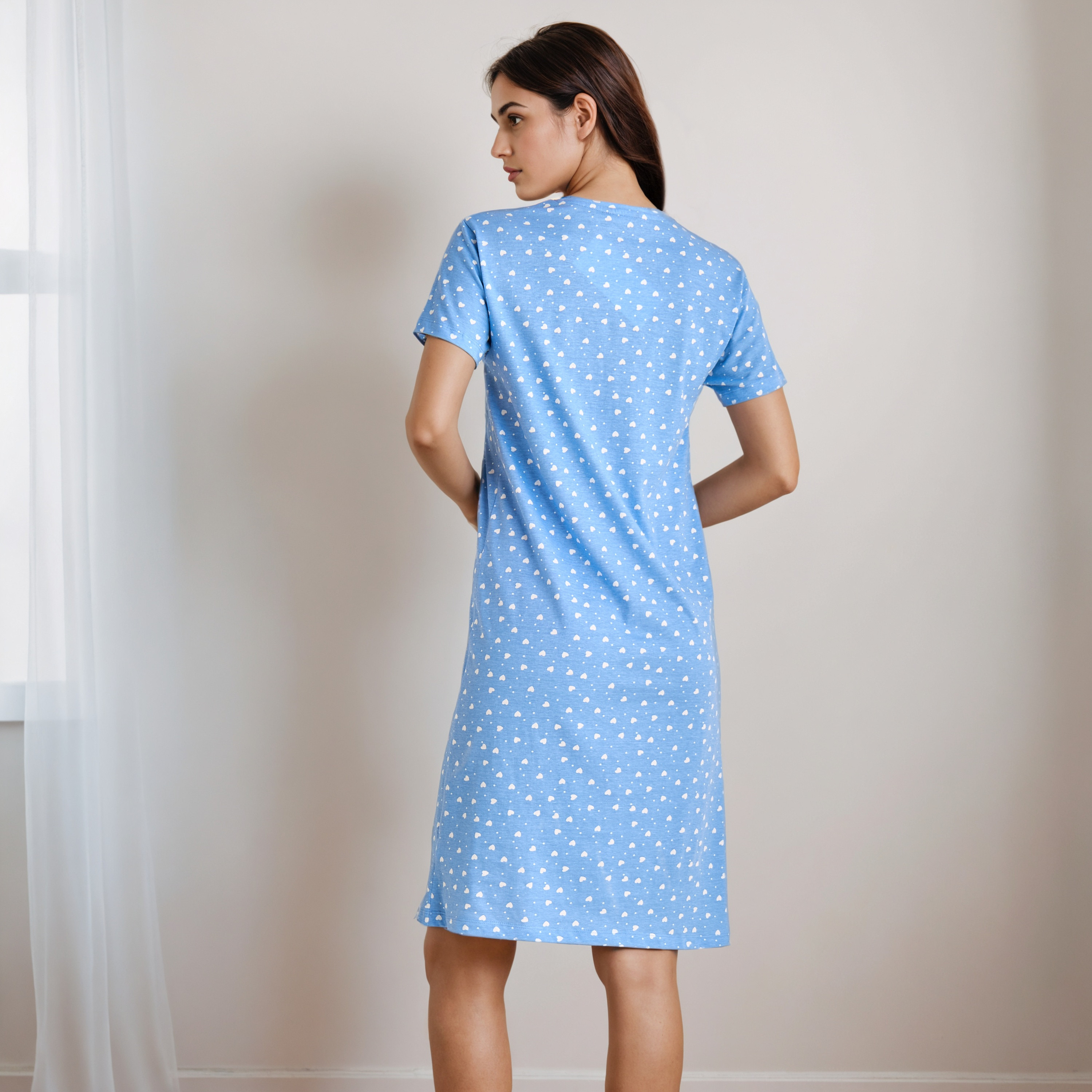 Knee Length Night Dress with Heart Print-women-clothing-nightwear-nighties-image-3