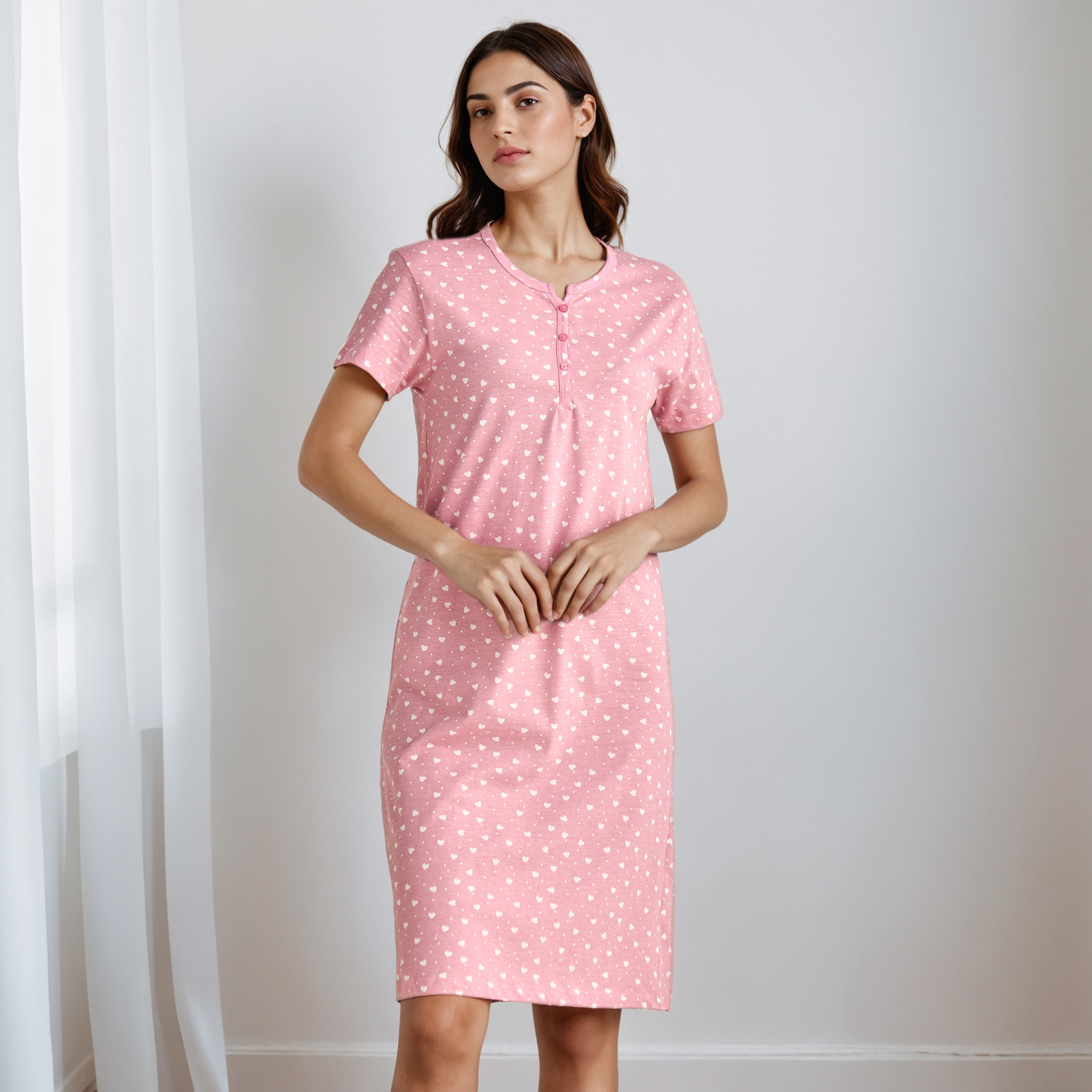 Knee Length Night Dress with Heart Print-women-clothing-nightwear-nighties-image-1