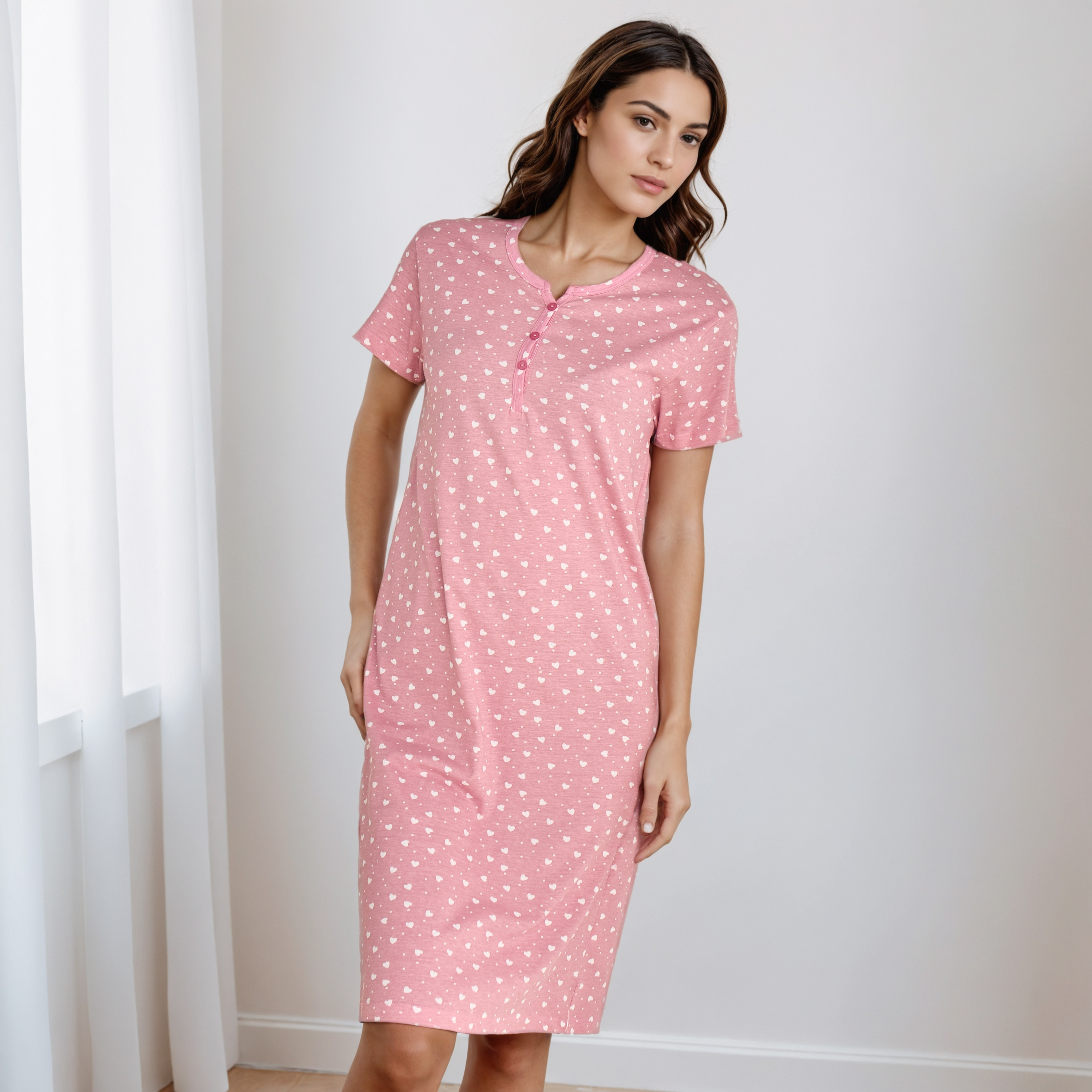 Knee Length Night Dress with Heart Print-women-clothing-nightwear-nighties-image-2