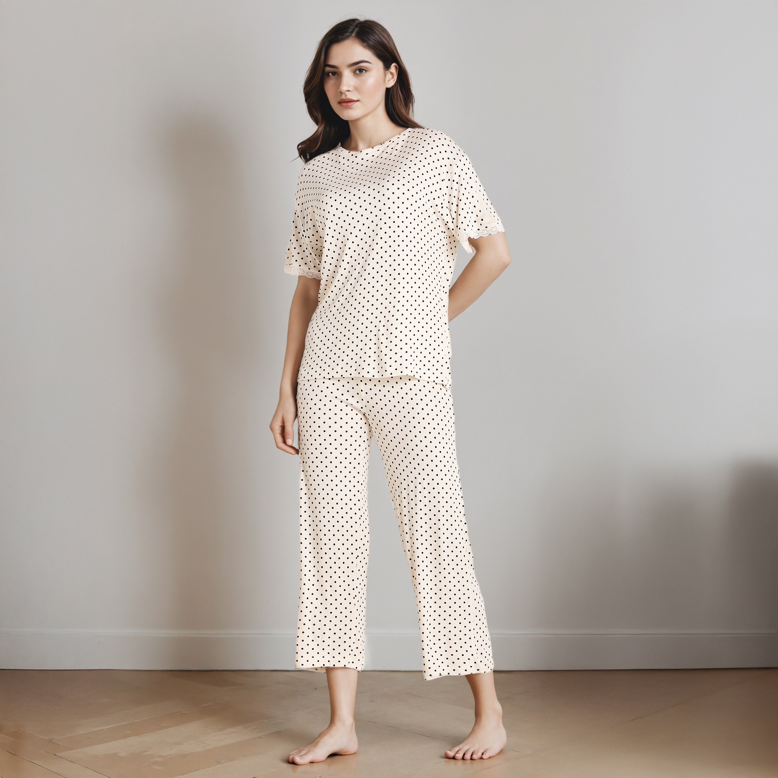 Polka Dot Print T-shirt and Pyjama Set-women-clothing-nightwear-pyjamas-longsets-image-1