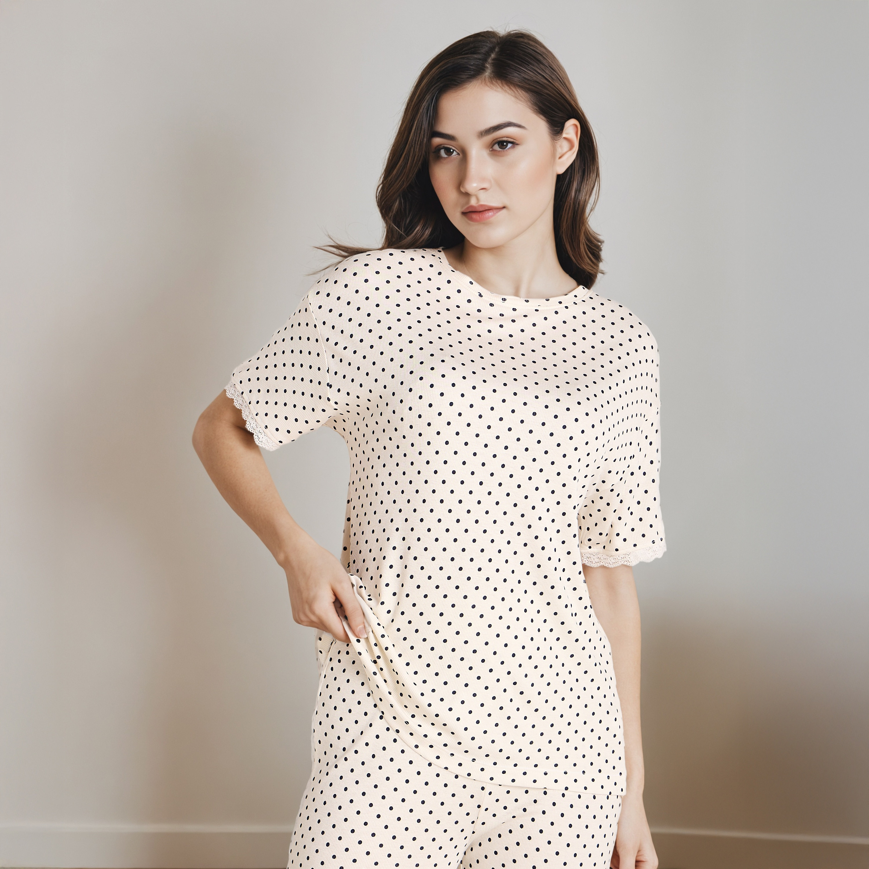 Polka Dot Print T-shirt and Pyjama Set-women-clothing-nightwear-pyjamas-longsets-image-2