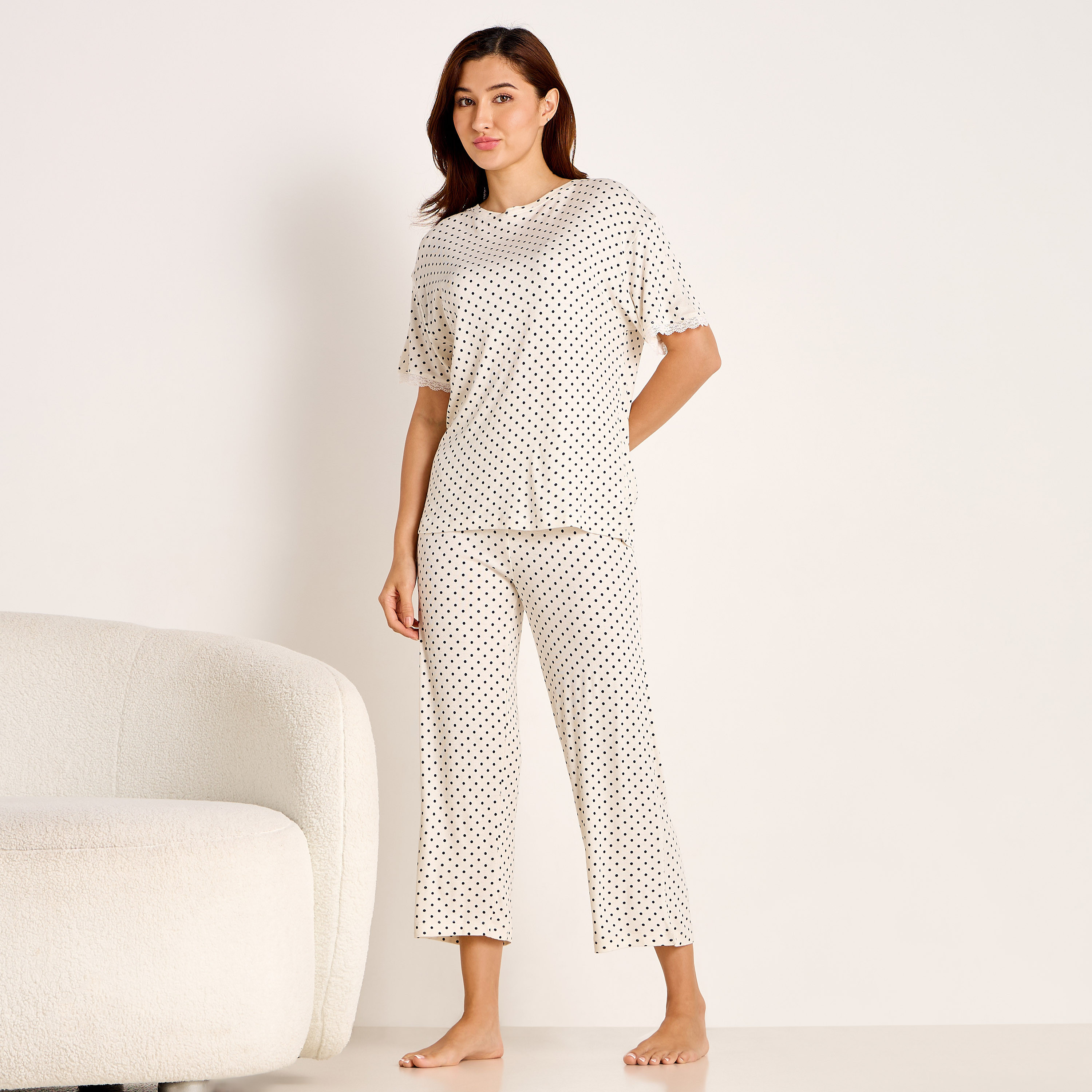 Polka Dot Print T-shirt and Pyjama Set-women-clothing-nightwear-pyjamas-longsets-image-1