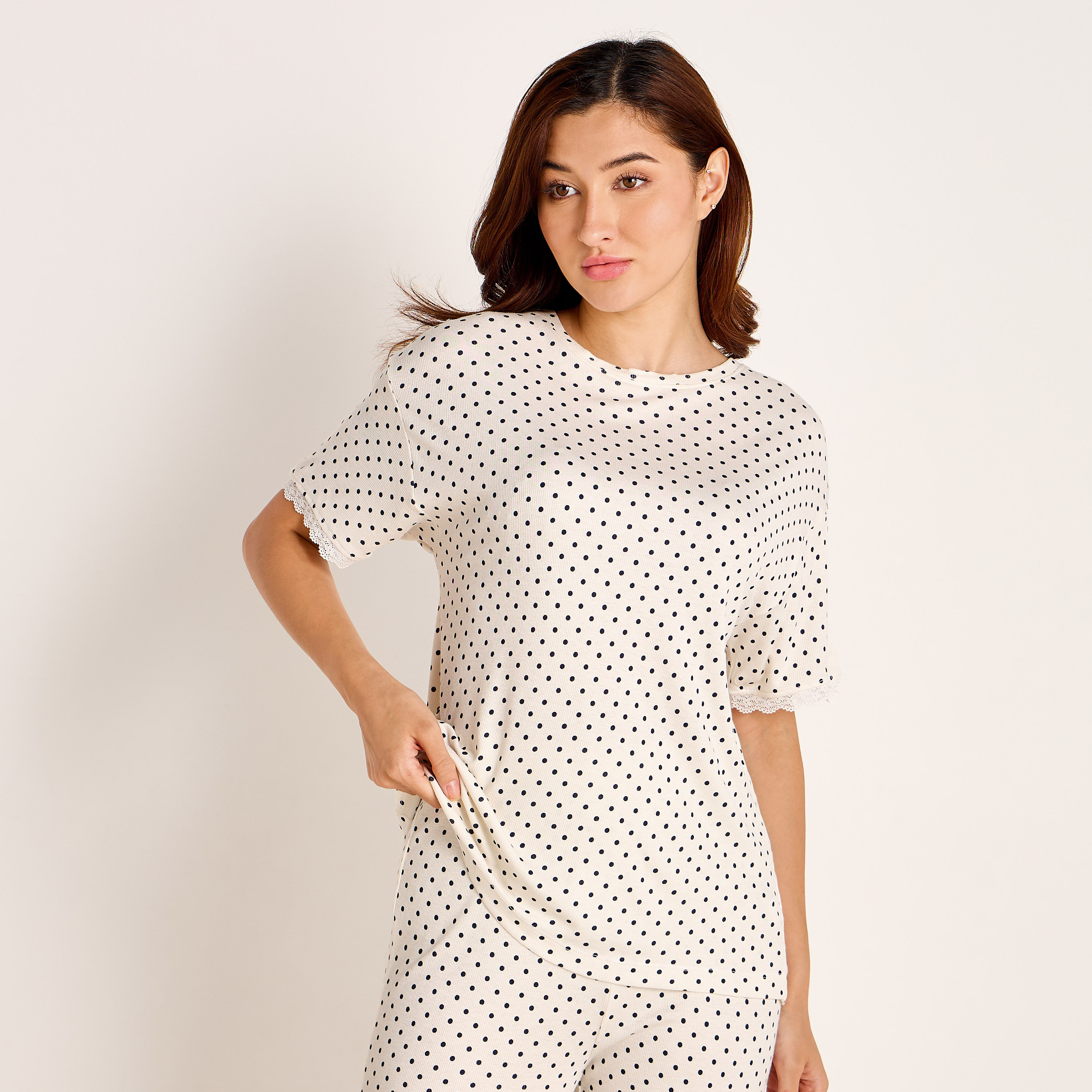 Polka Dot Print T-shirt and Pyjama Set-women-clothing-nightwear-pyjamas-longsets-image-2