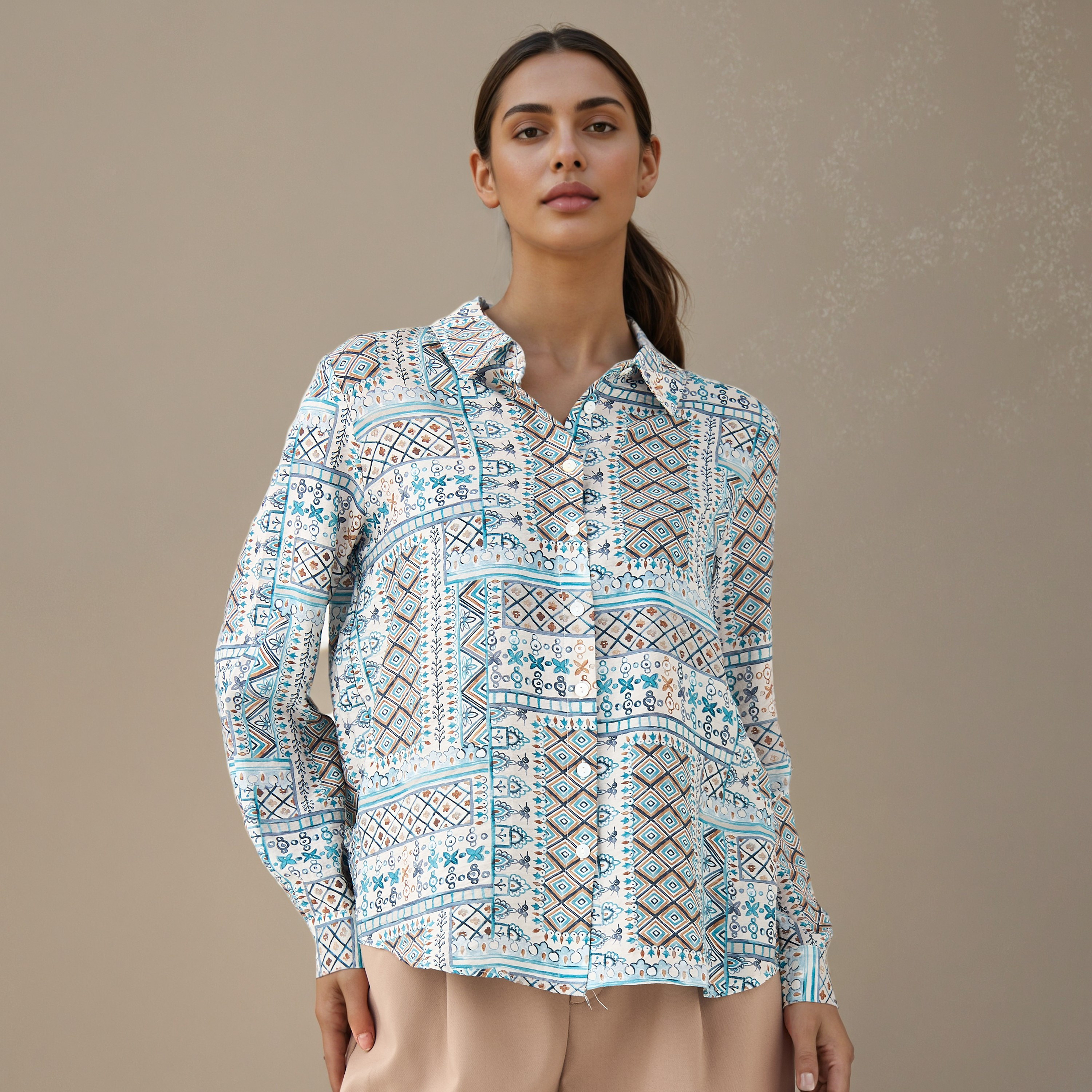 قميص فيسكوز بقصة عادية وياقة وطبعات-women-clothing-shirtsandblouses-shirts-image-5