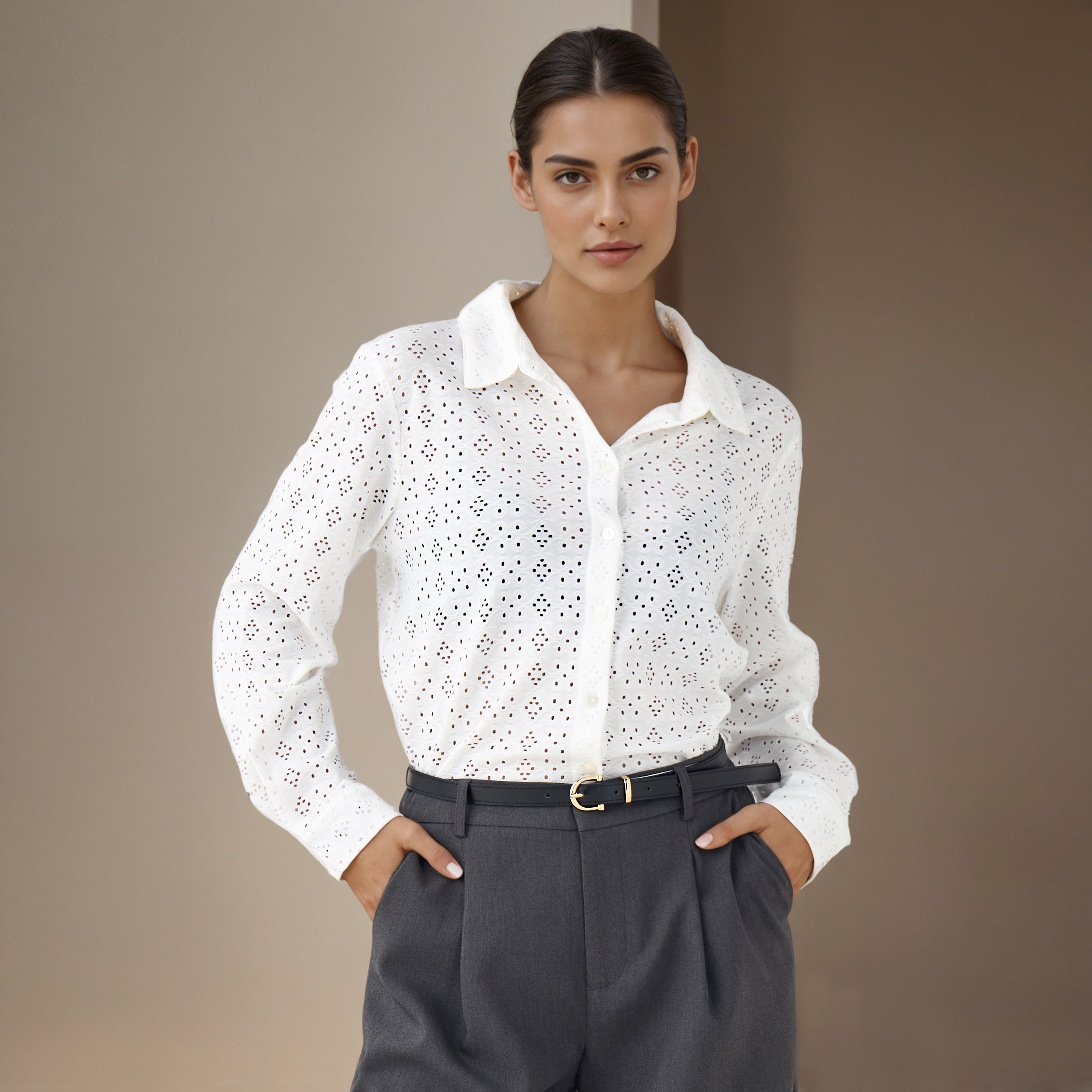 Regular Fit Viscose Schiffli Textured Shirt with Collar-women-clothing-shirtsandblouses-shirts-image-1