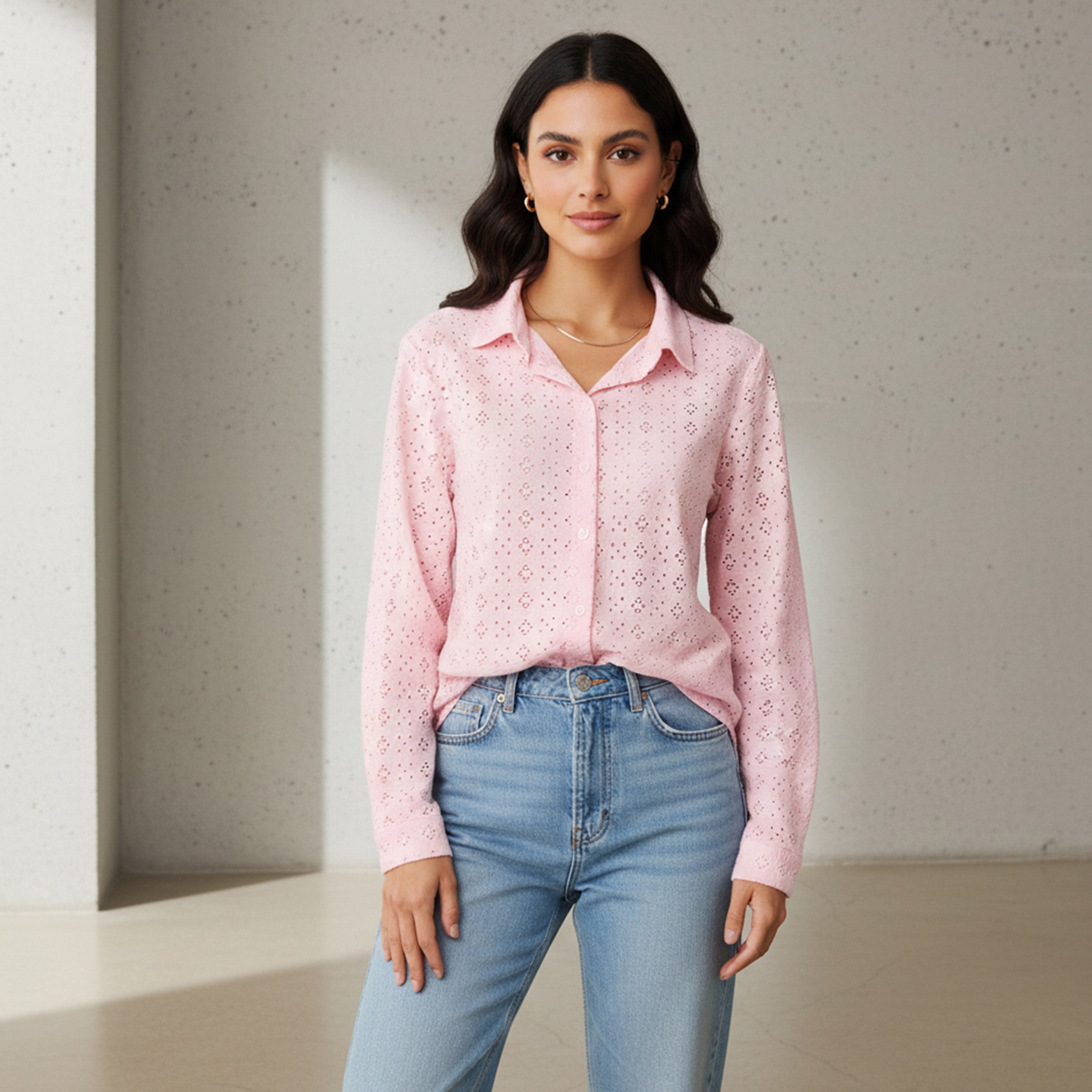 Regular Fit Viscose Schiffli Textured Shirt with Collar-women-clothing-shirtsandblouses-shirts-image-1