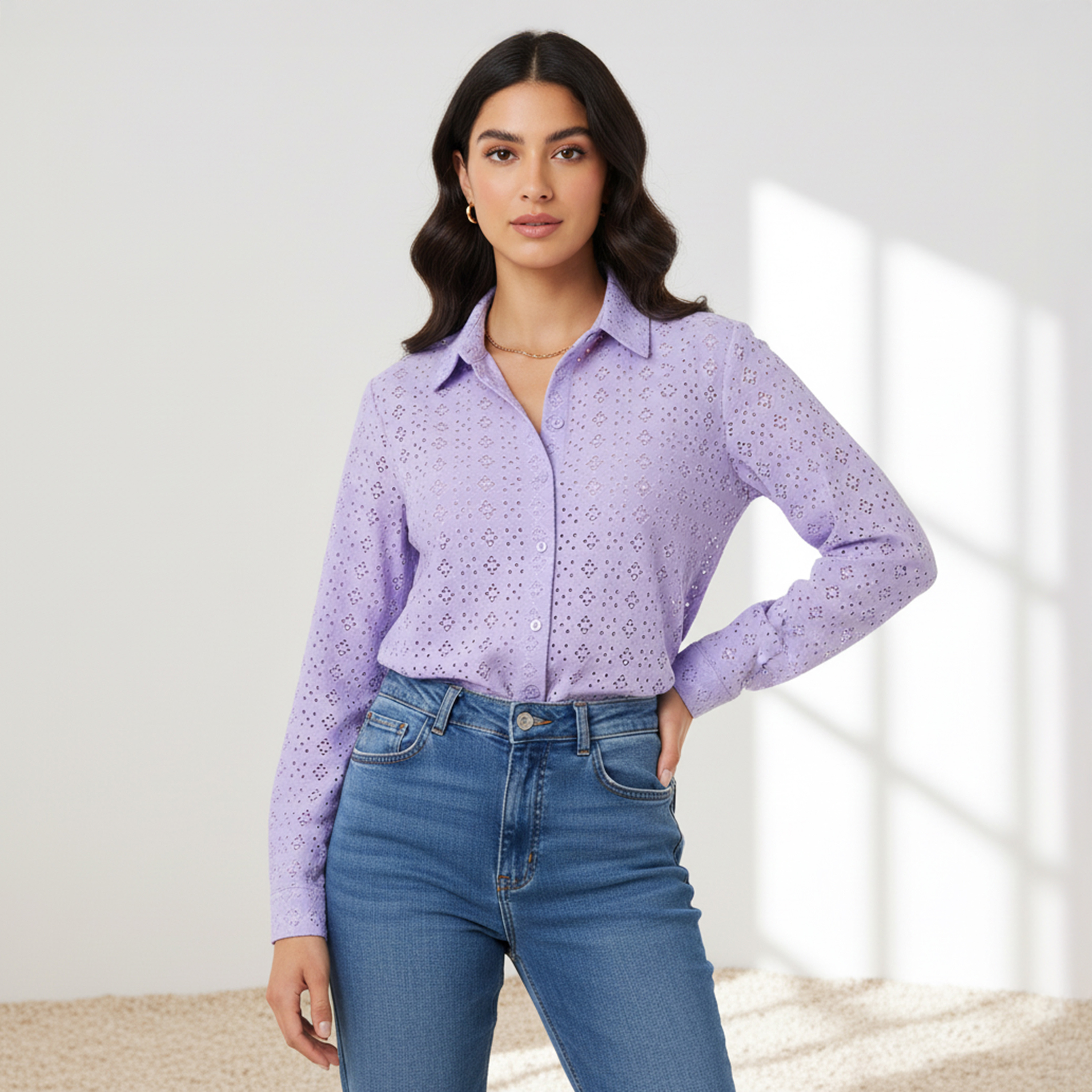 Regular Fit Viscose Schiffli Textured Shirt with Collar-women-clothing-shirtsandblouses-shirts-image-1