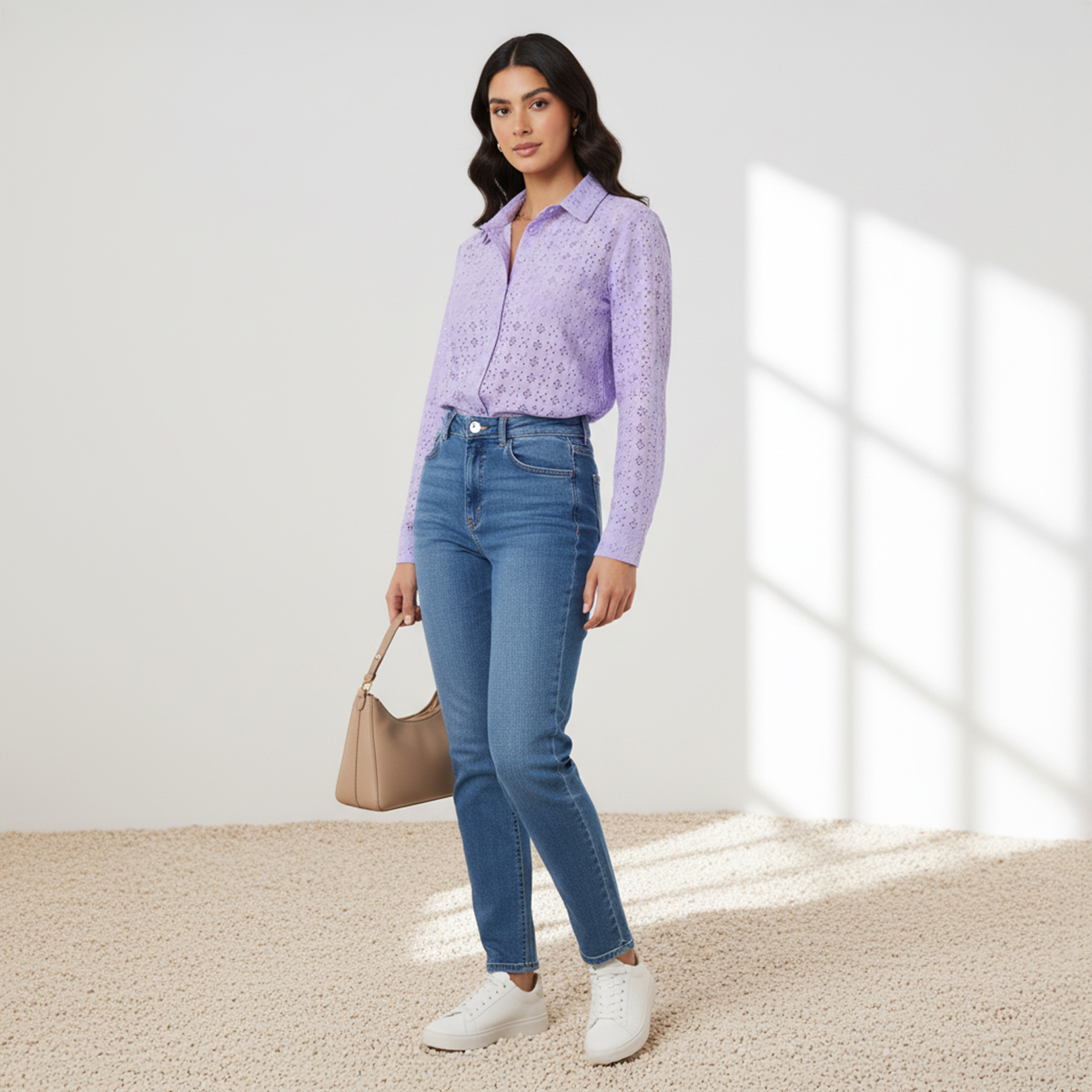 Regular Fit Viscose Schiffli Textured Shirt with Collar-women-clothing-shirtsandblouses-shirts-image-2