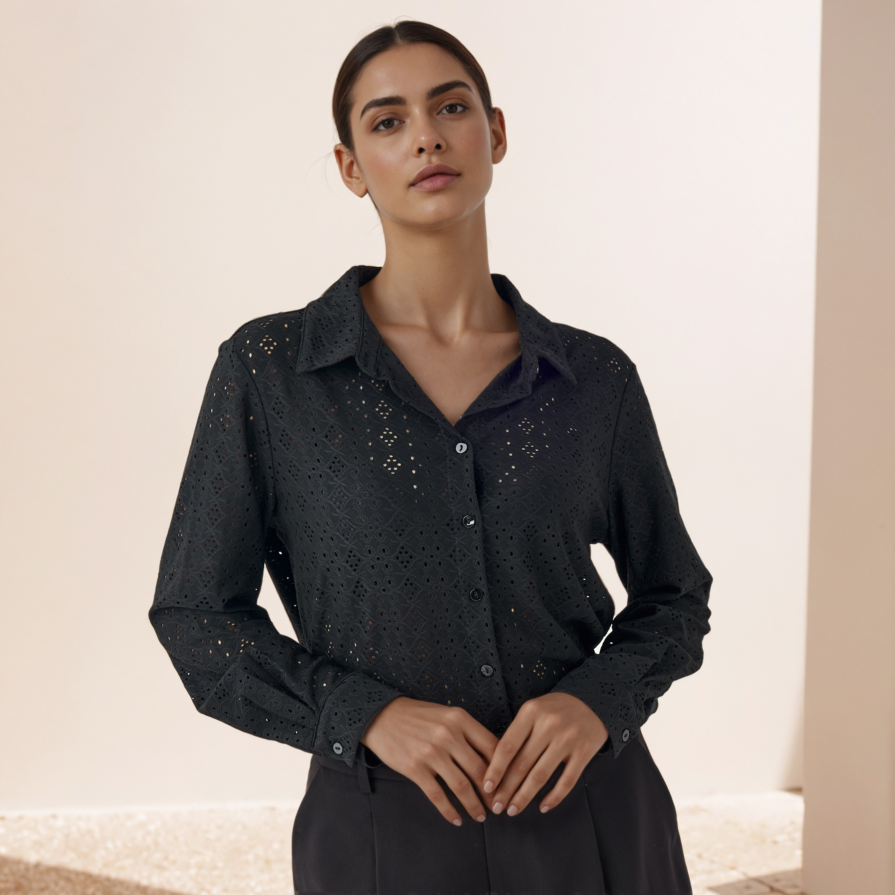 Regular Fit Viscose Schiffli Textured Shirt with Collar-women-clothing-shirtsandblouses-shirts-image-1