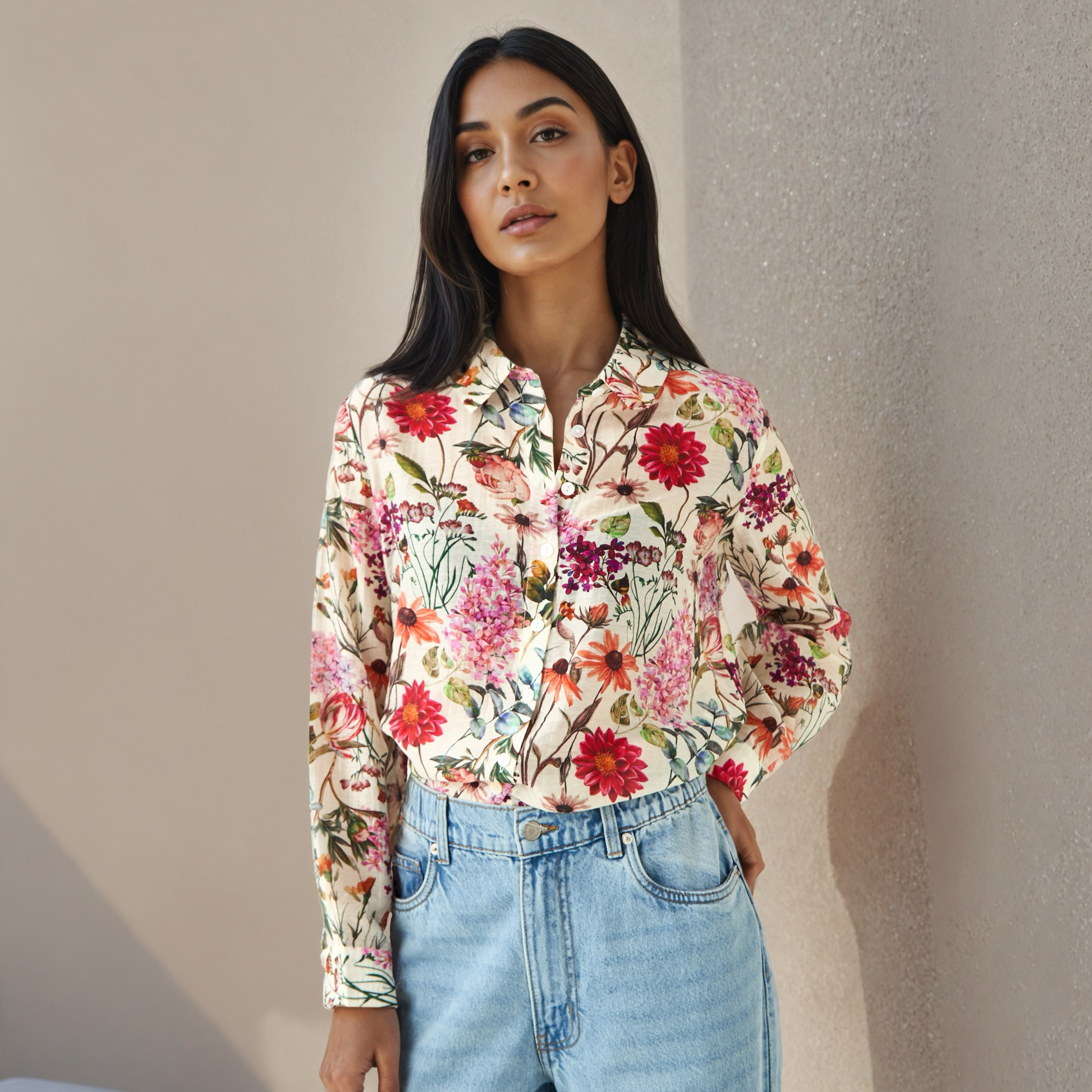 Regular Fit Viscose Floral Print Shirt with Collar-women-clothing-shirtsandblouses-shirts-image-1