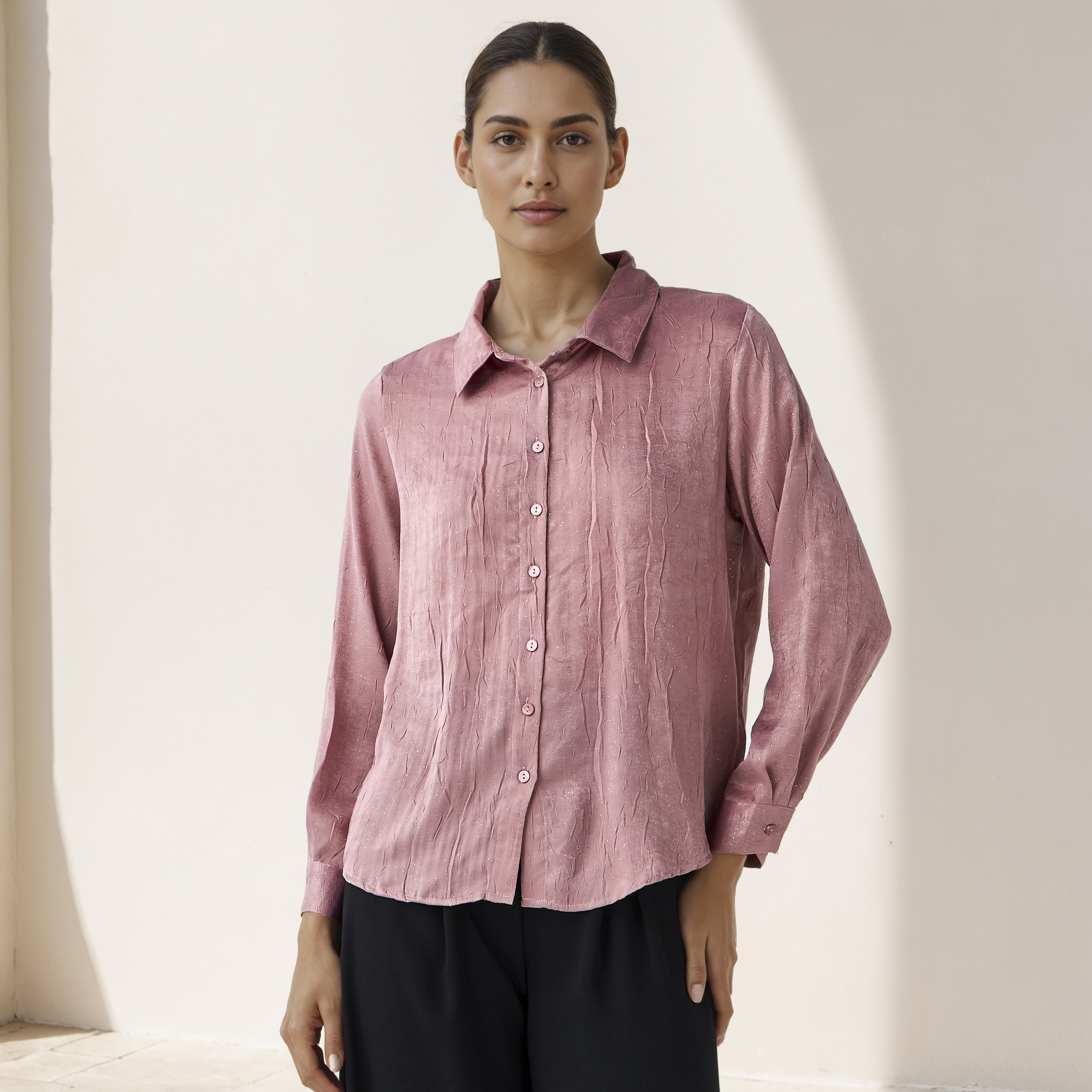 Regular Fit Viscose Textured Shirt with Collar-women-clothing-shirtsandblouses-shirts-image-1