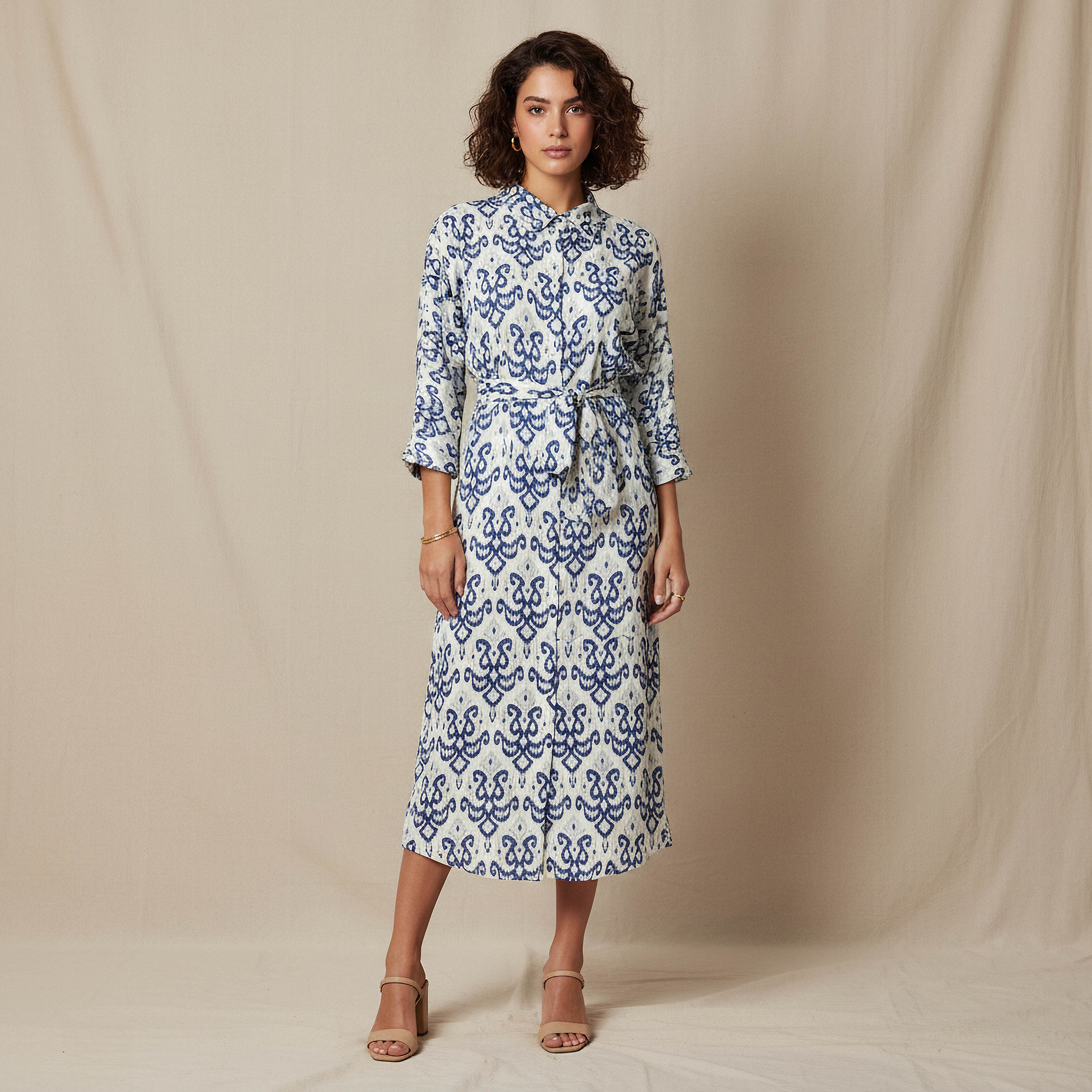 Printed Cotton Workwear Dress with High-Low Hemline-women-clothing-dresses-image-1