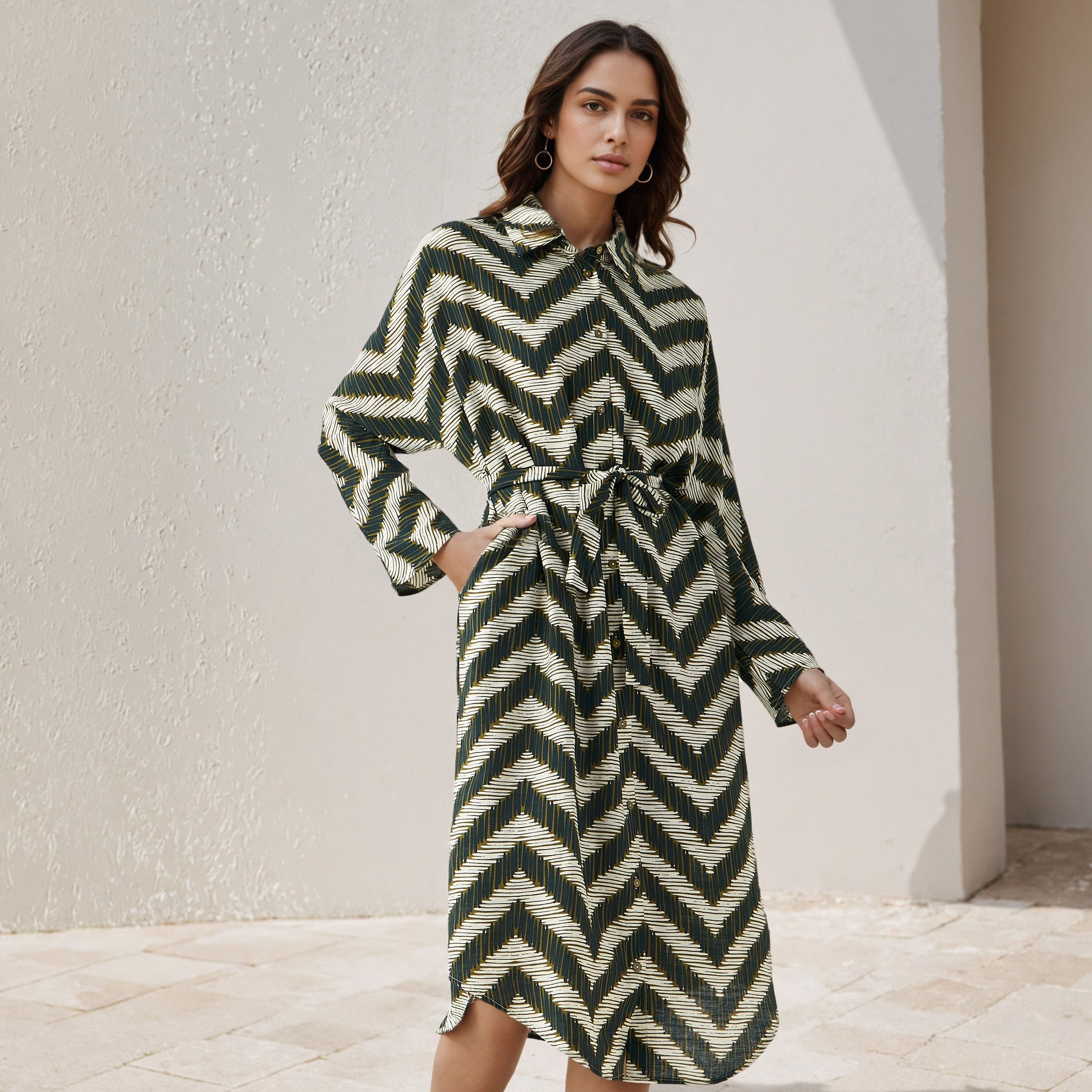 Printed Cotton Workwear Dress with High-Low Hemline-women-clothing-dresses-image-1