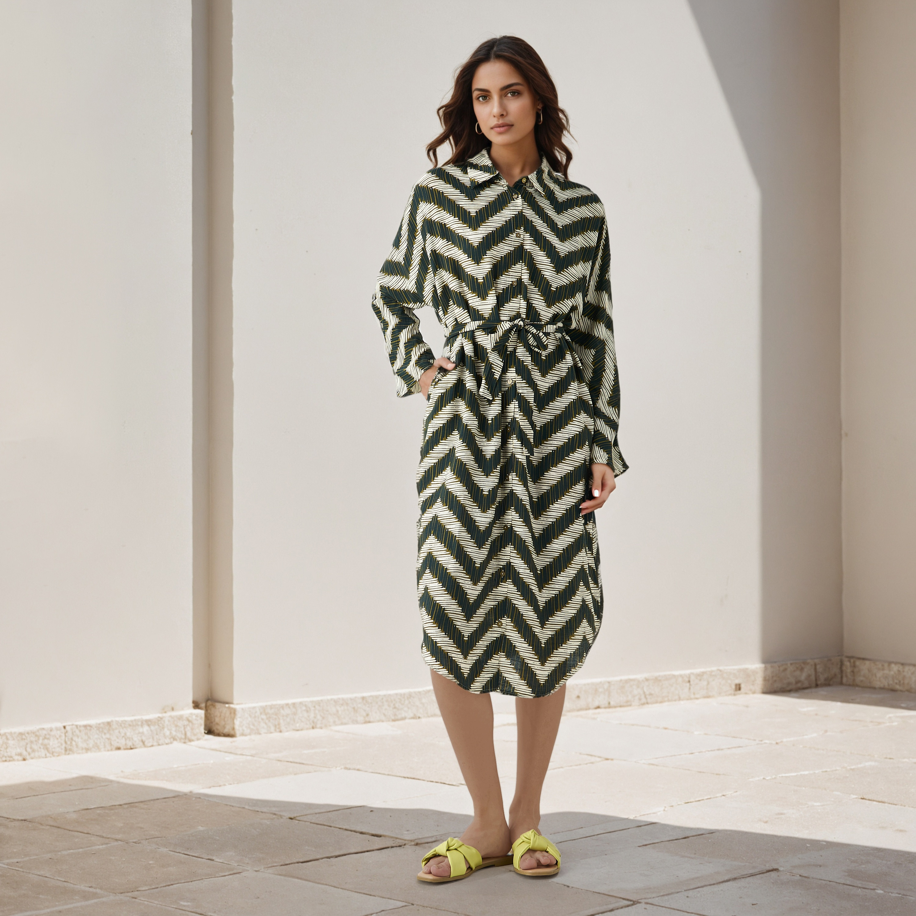 Printed Cotton Workwear Dress with High-Low Hemline-women-clothing-dresses-image-2