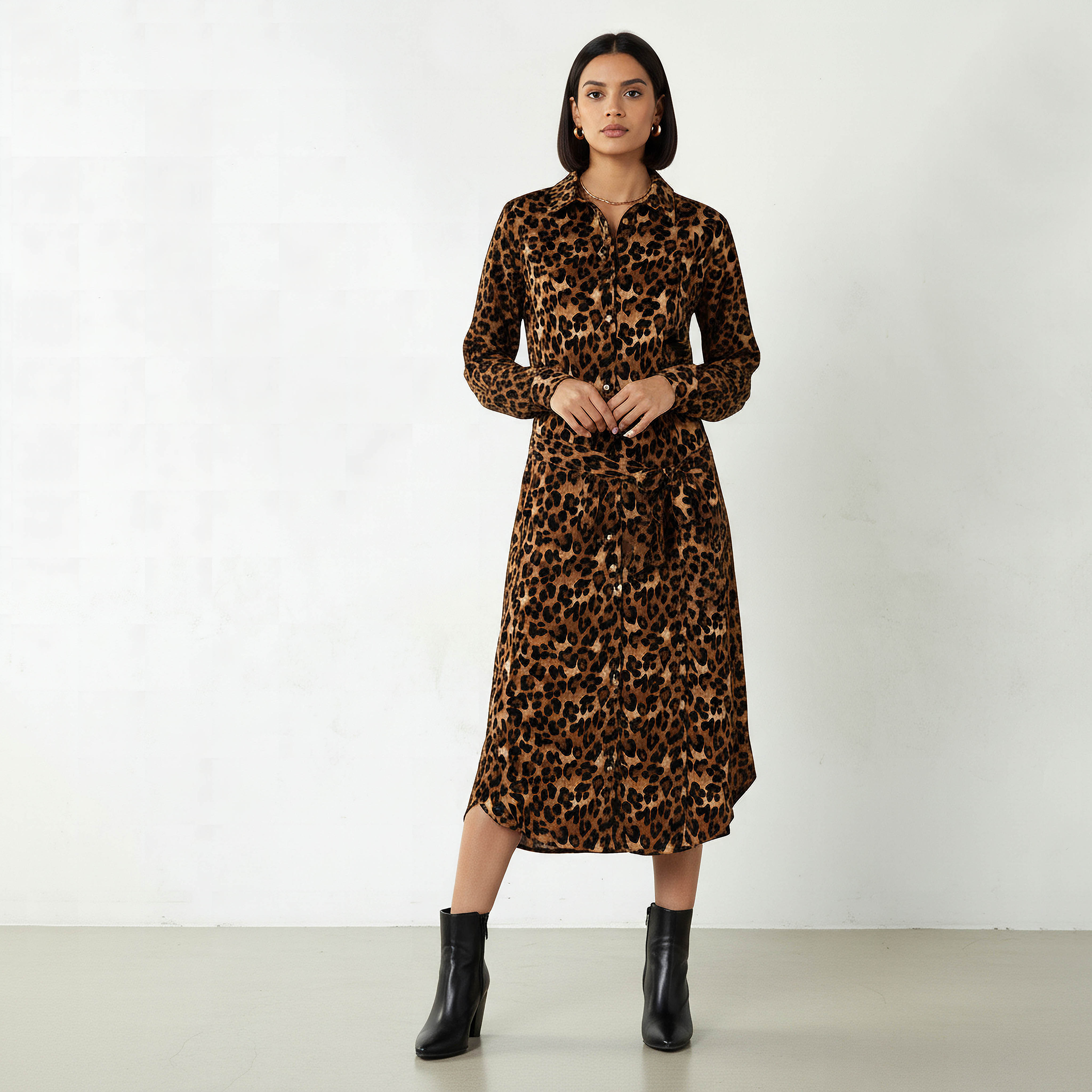 Animal Printed Long Sleeves Shirt Dress-women-clothing-dresses-image-1