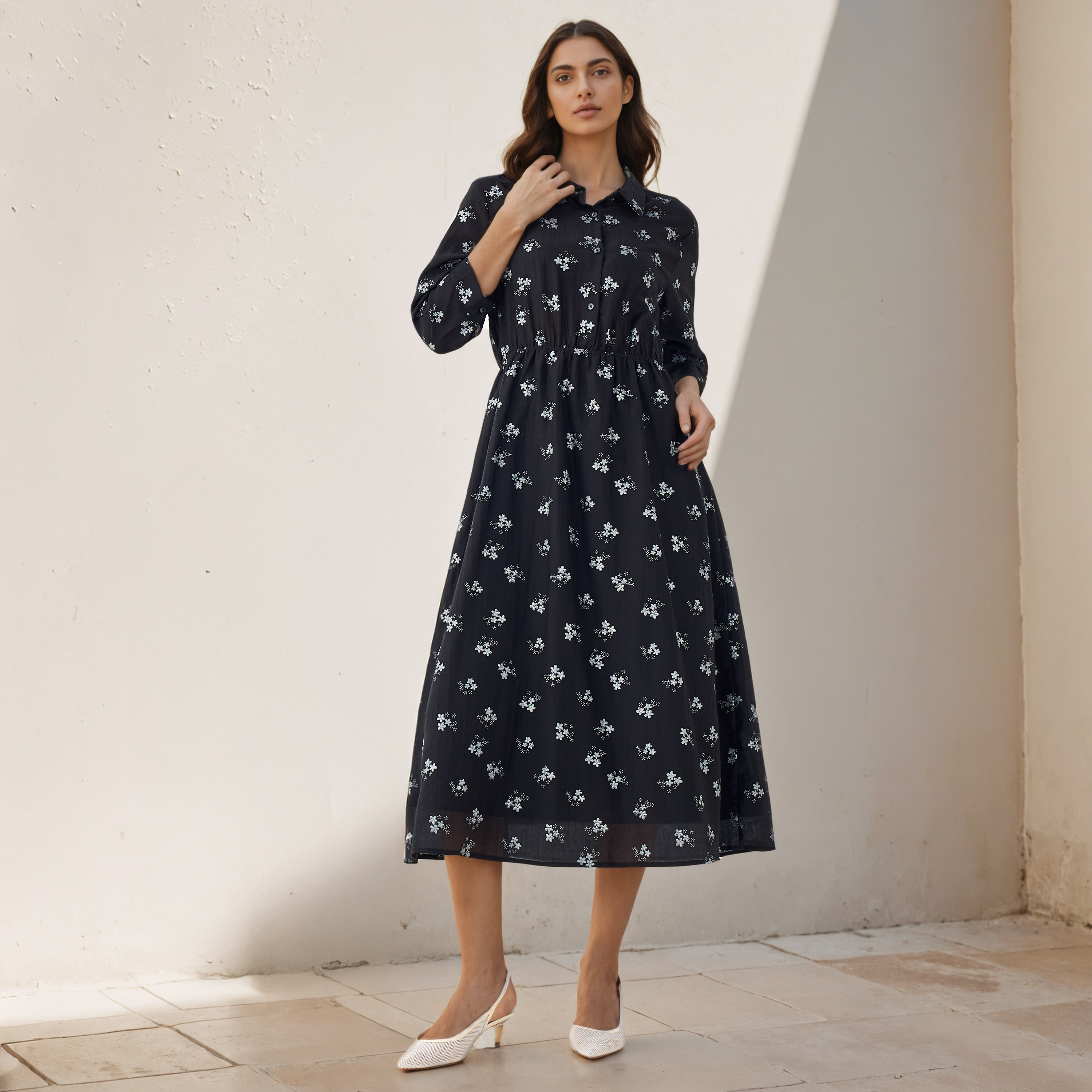 Midi Denim Shirt Dress with Floral Print-women-clothing-dresses-image-1