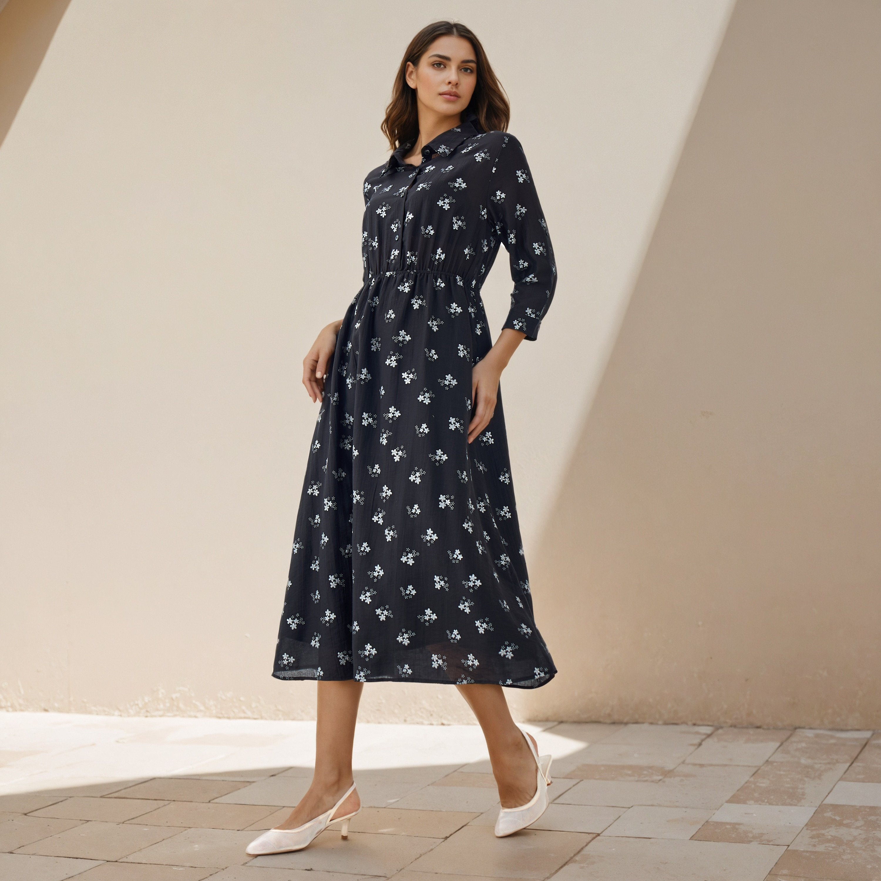 Midi Denim Shirt Dress with Floral Print-women-clothing-dresses-image-2