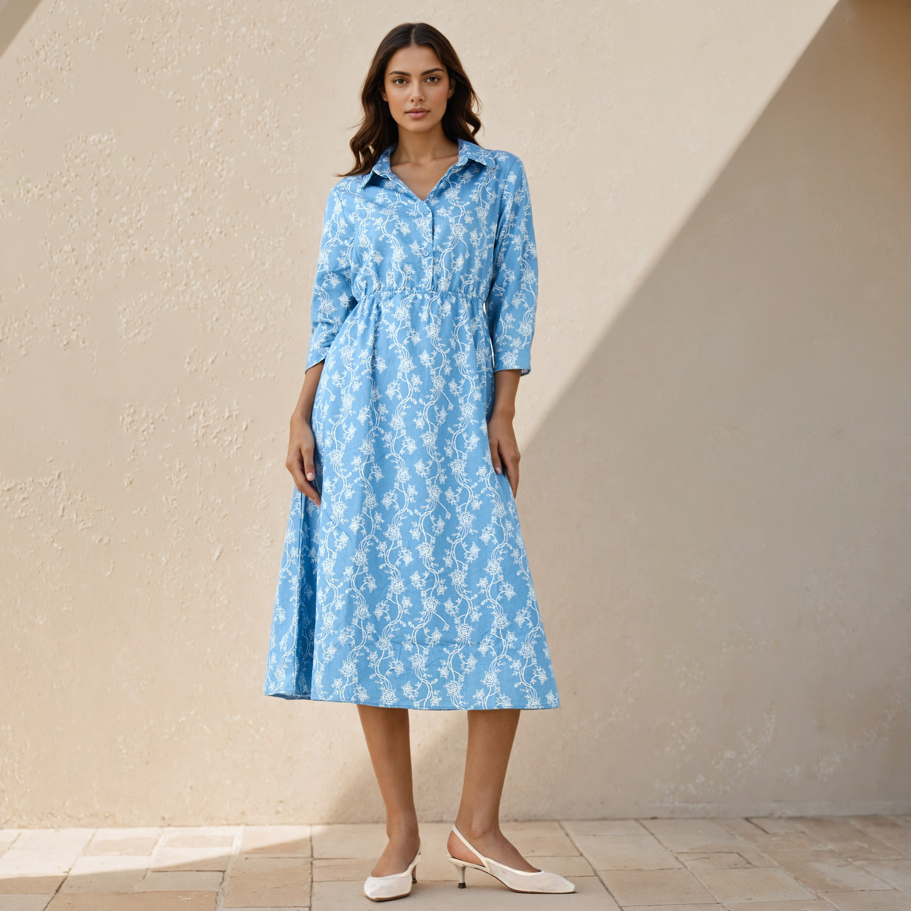 Midi Denim Shirt Dress with Floral Print-women-clothing-dresses-image-1