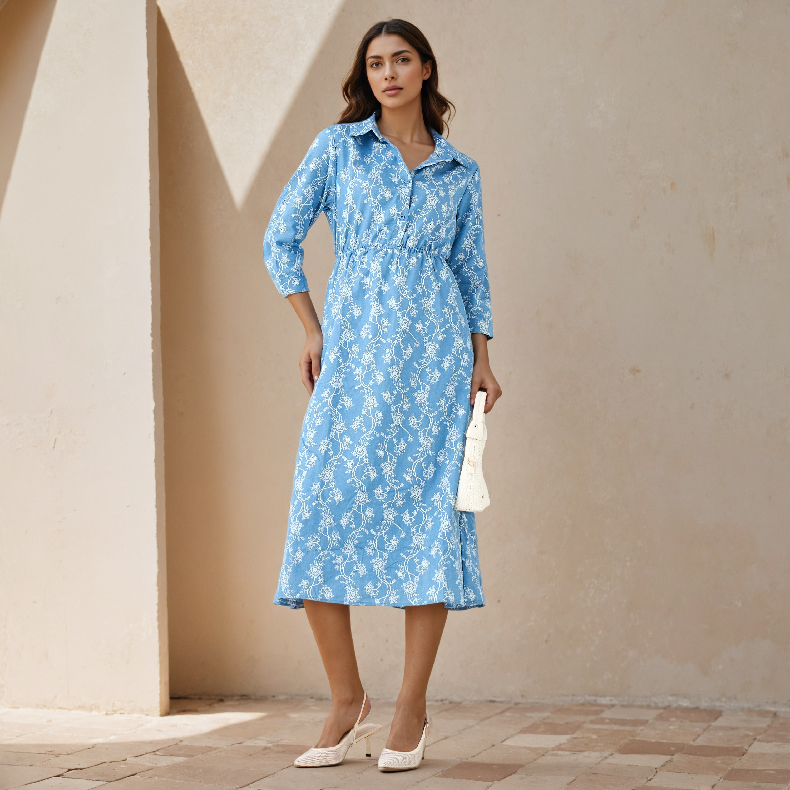 Midi Denim Shirt Dress with Floral Print-women-clothing-dresses-image-2