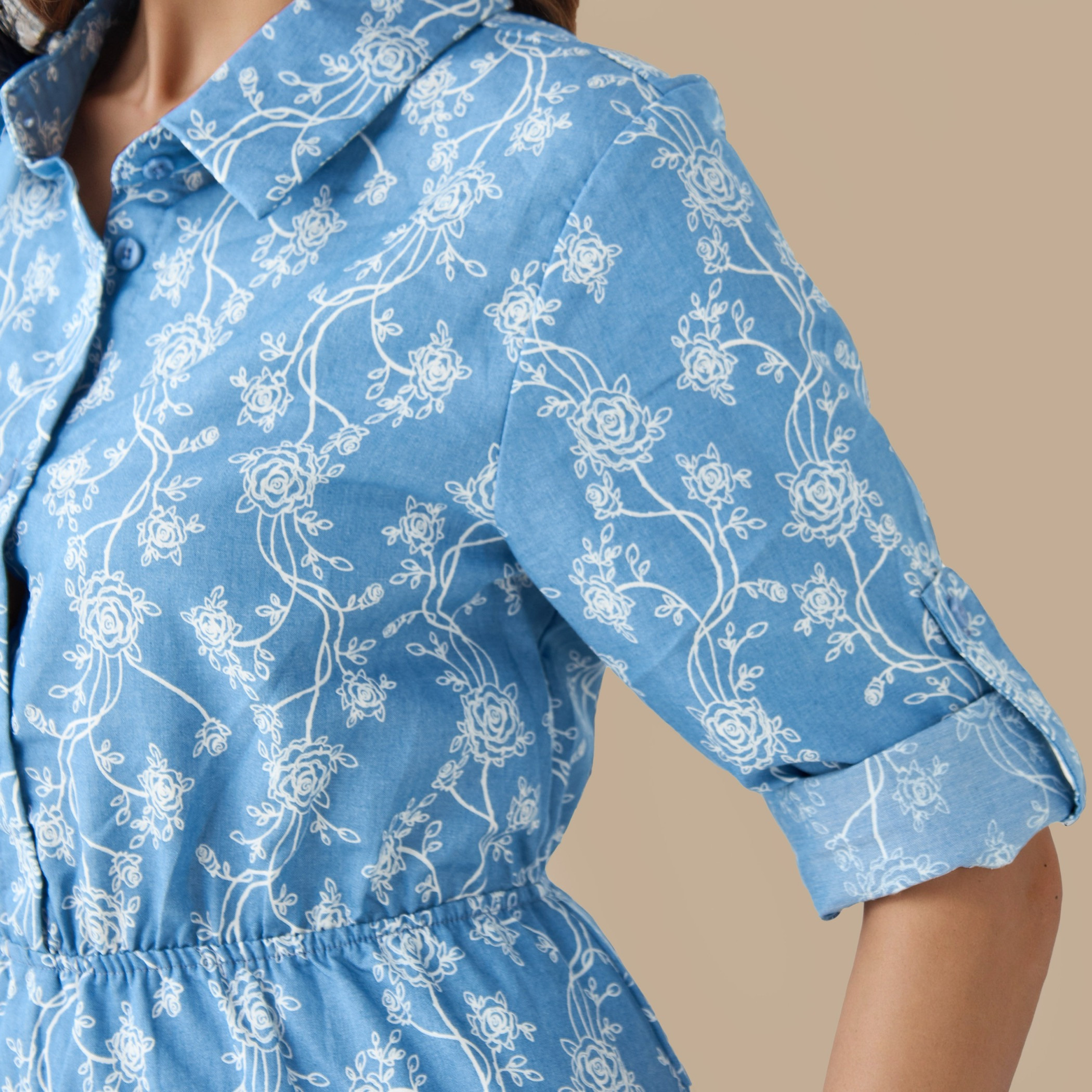 Midi Denim Shirt Dress with Floral Print-women-clothing-dresses-image-4