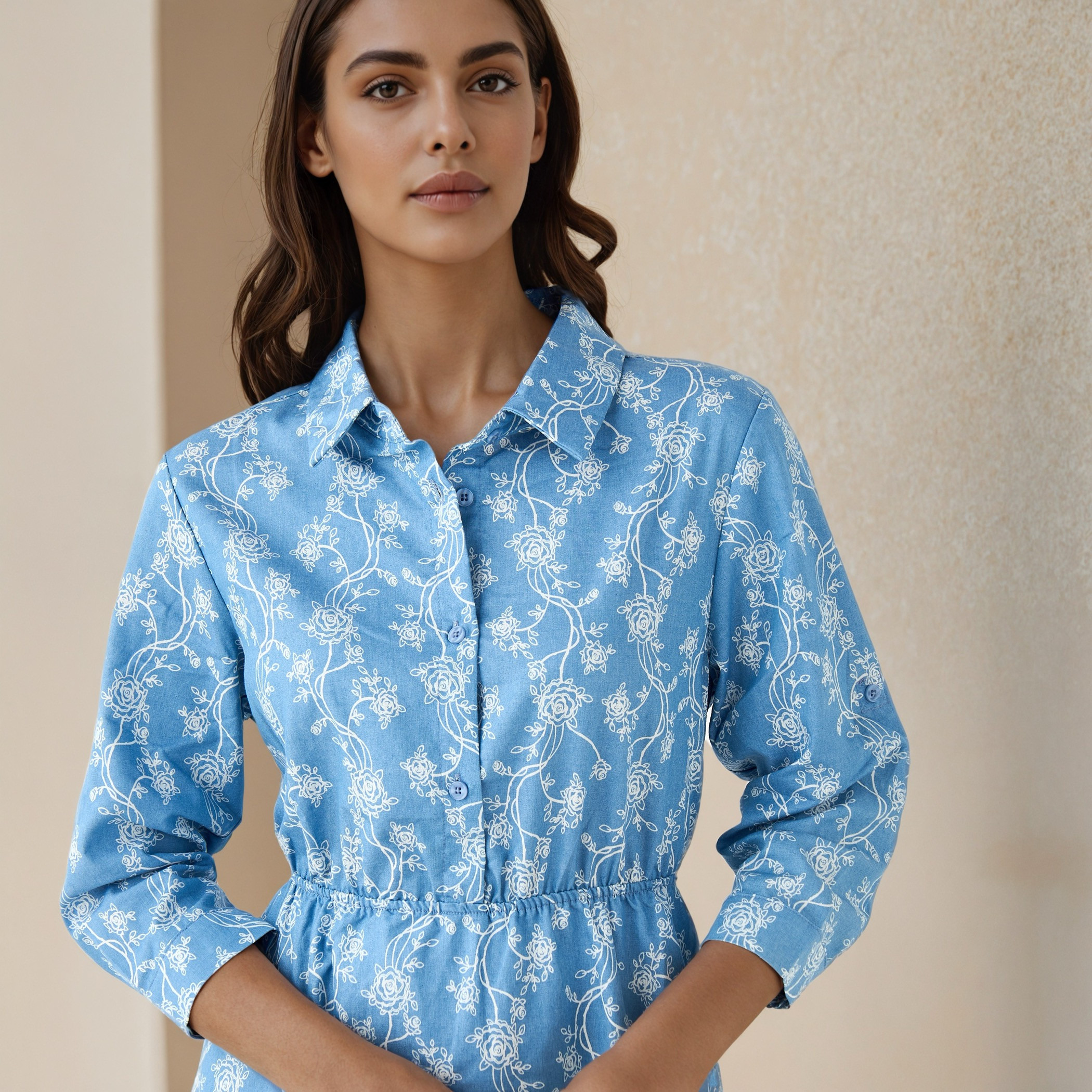 Midi Denim Shirt Dress with Floral Print-women-clothing-dresses-image-5