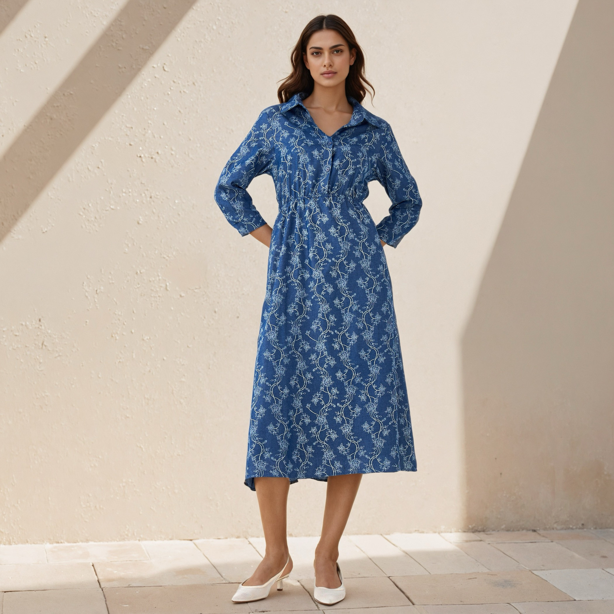 Midi Denim Shirt Dress with Floral Print-women-clothing-dresses-image-1