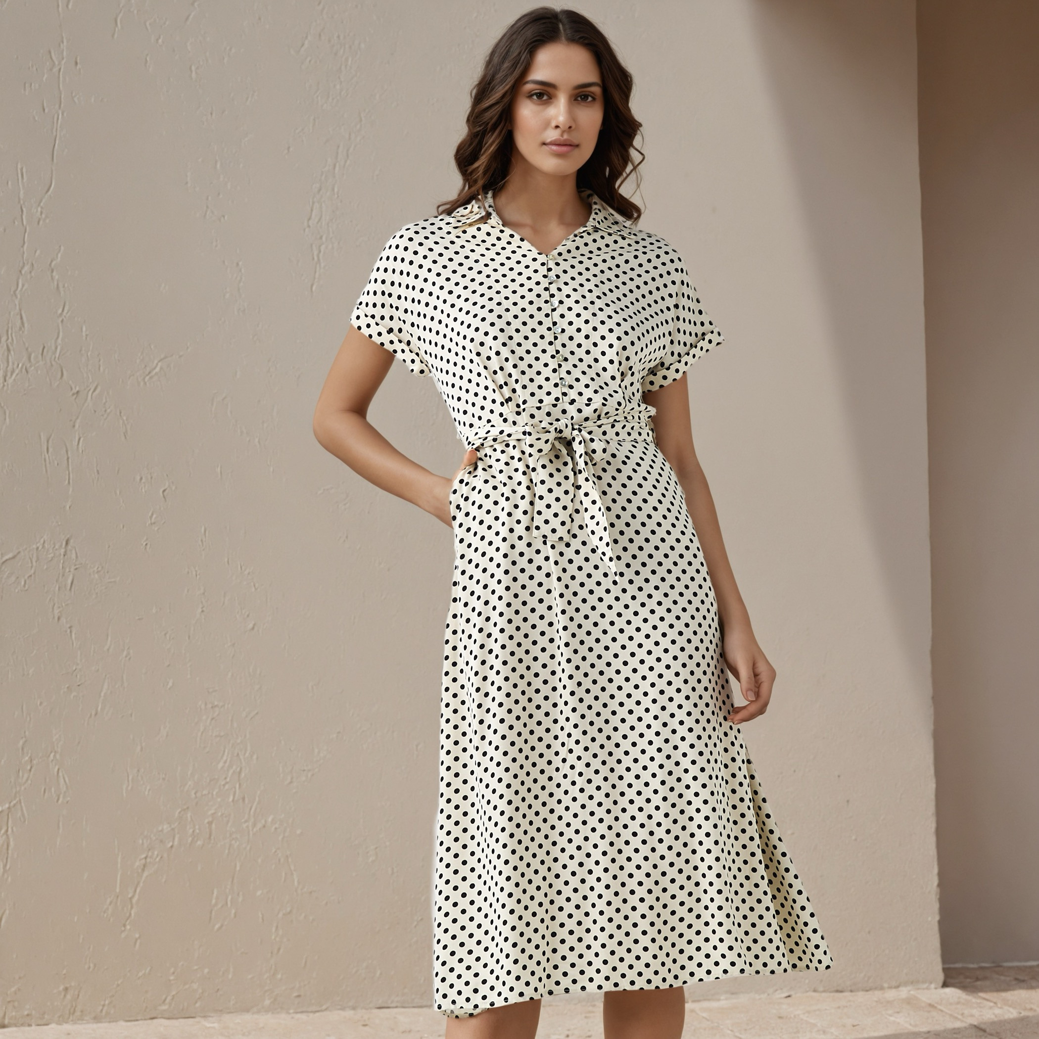 Polka Dot Print A-line Women Dress with Waist Tie-Up Rayon-women-clothing-dresses-image-1