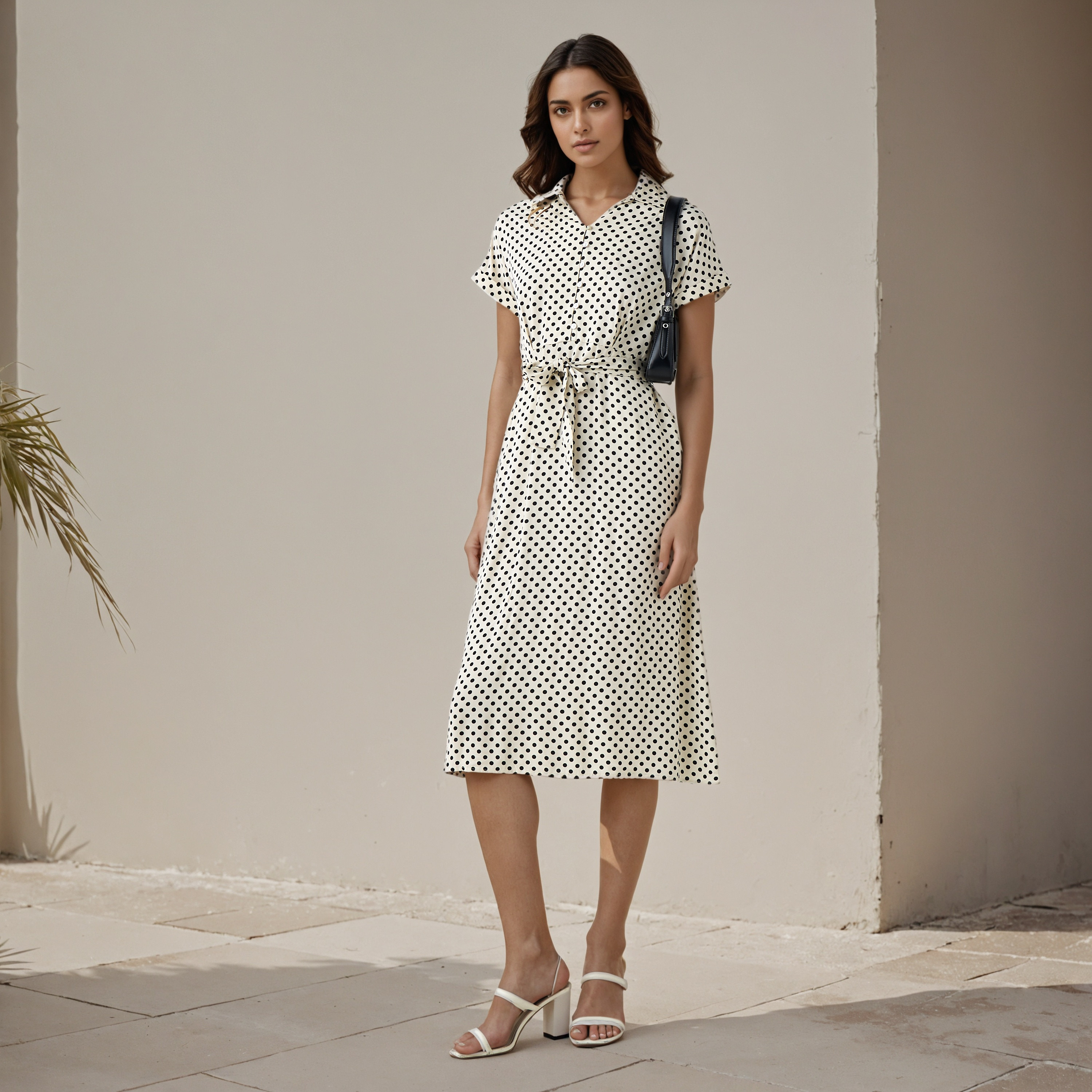 Polka Dot Print A-line Women Dress with Waist Tie-Up Rayon-women-clothing-dresses-image-2