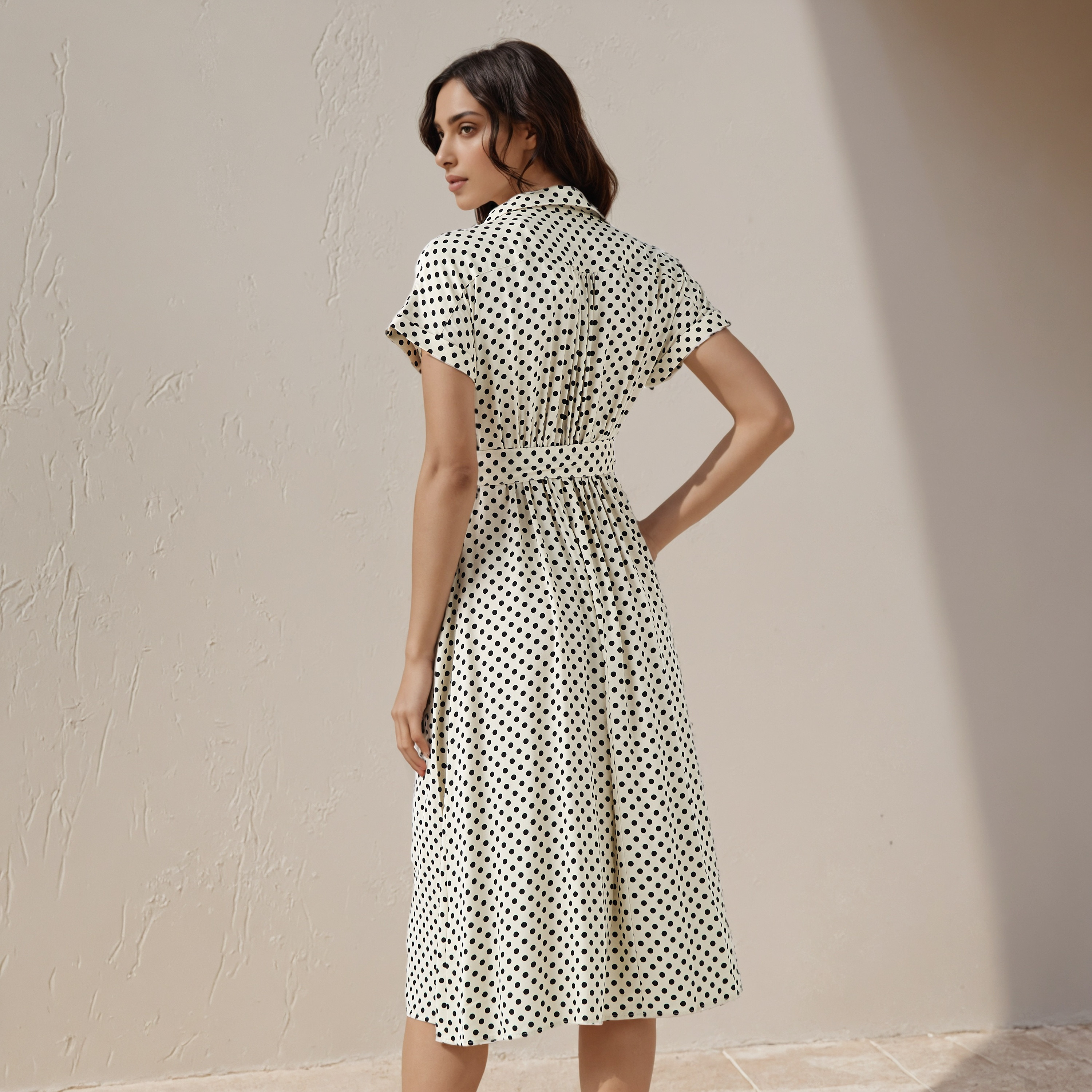 Polka Dot Print A-line Women Dress with Waist Tie-Up Rayon-women-clothing-dresses-image-3