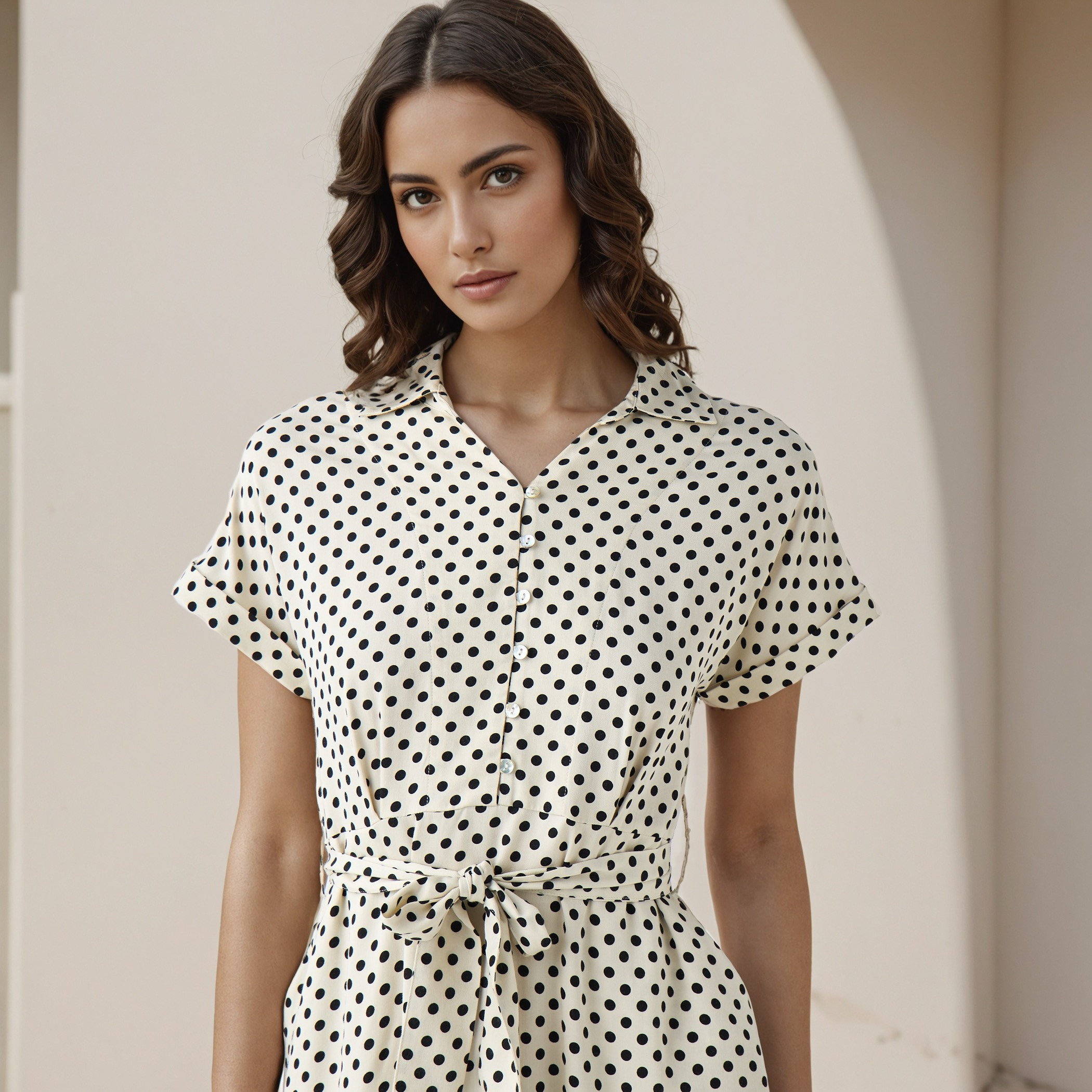 Polka Dot Print A-line Women Dress with Waist Tie-Up Rayon-women-clothing-dresses-image-4