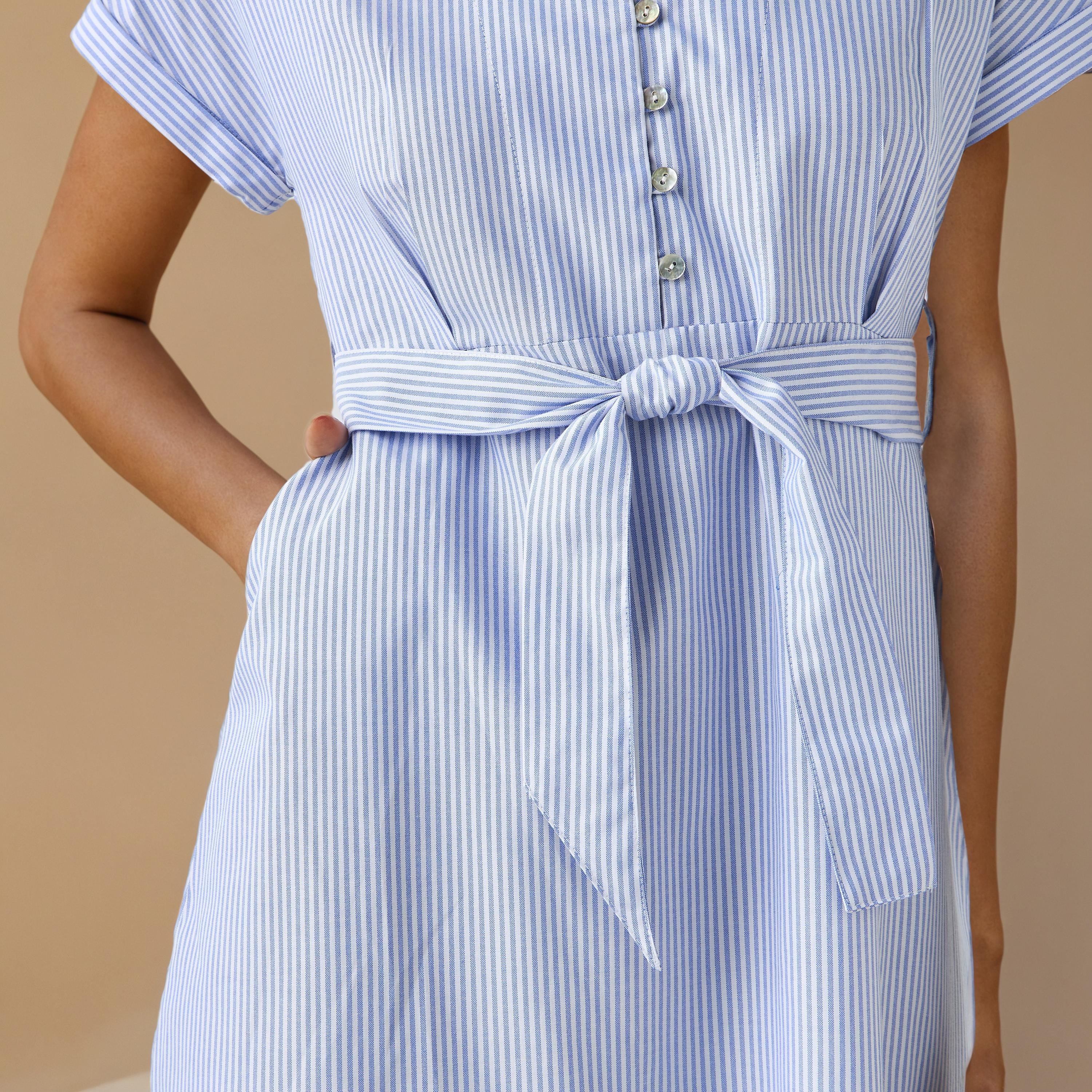 Striped Shirt Knee-Length Dress with Waist Tie-Up-women-clothing-dresses-image-5