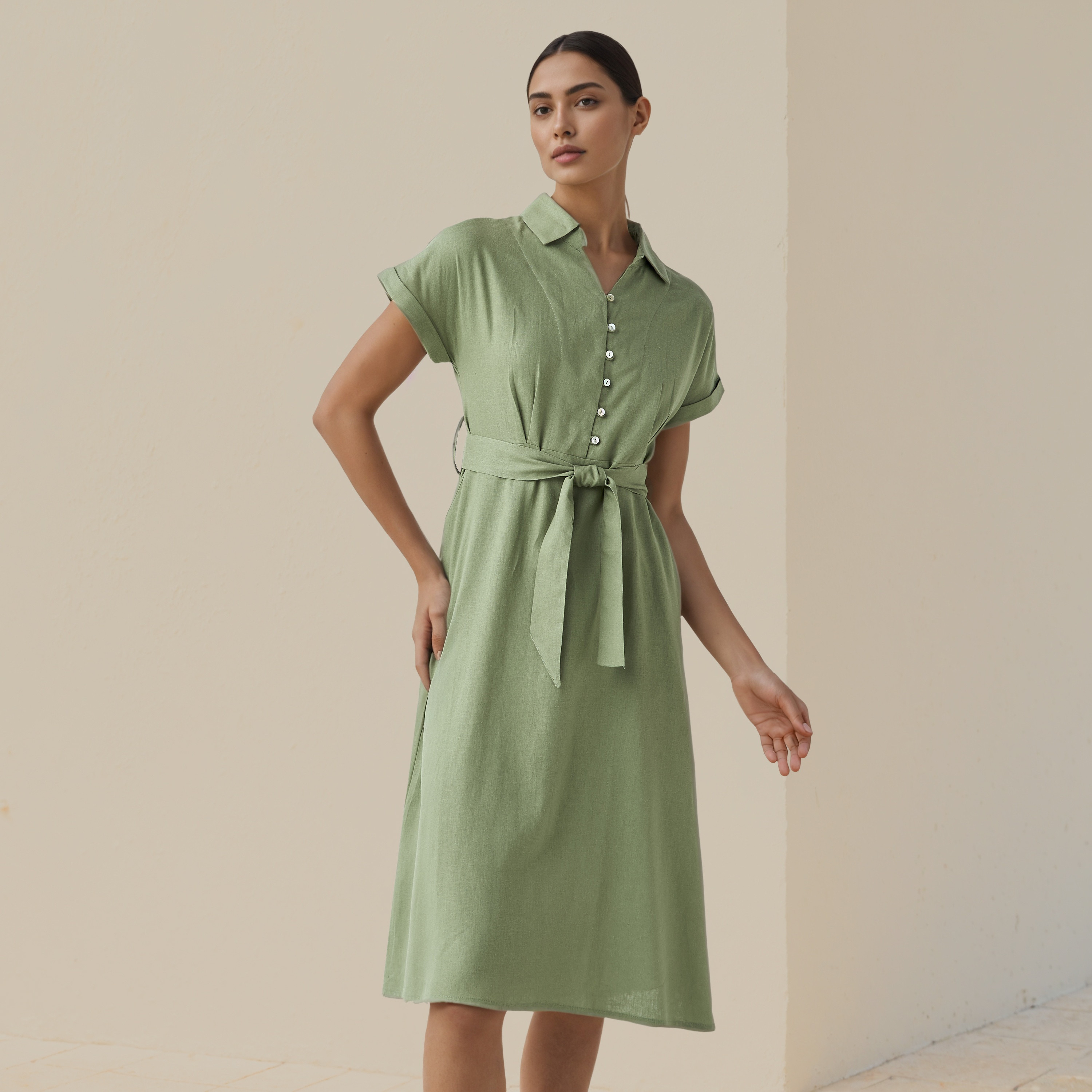 Shirt Knee-Length Dress with Waist Tie-Up-women-clothing-dresses-image-1