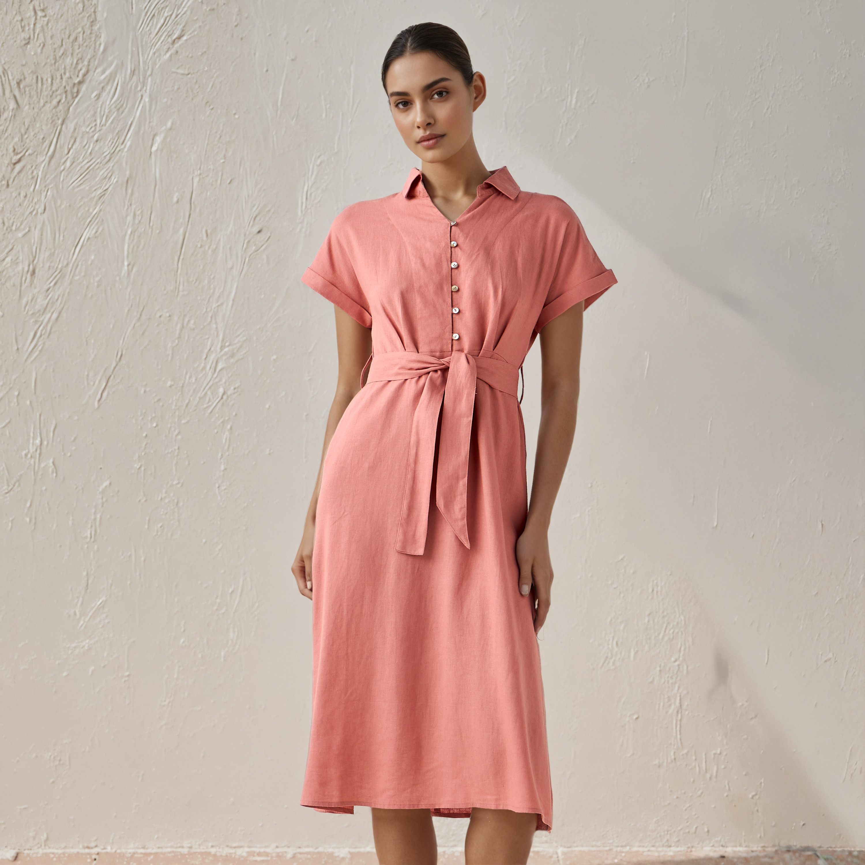 Shirt Knee-Length Dress with Waist Tie-Up-women-clothing-dresses-image-1