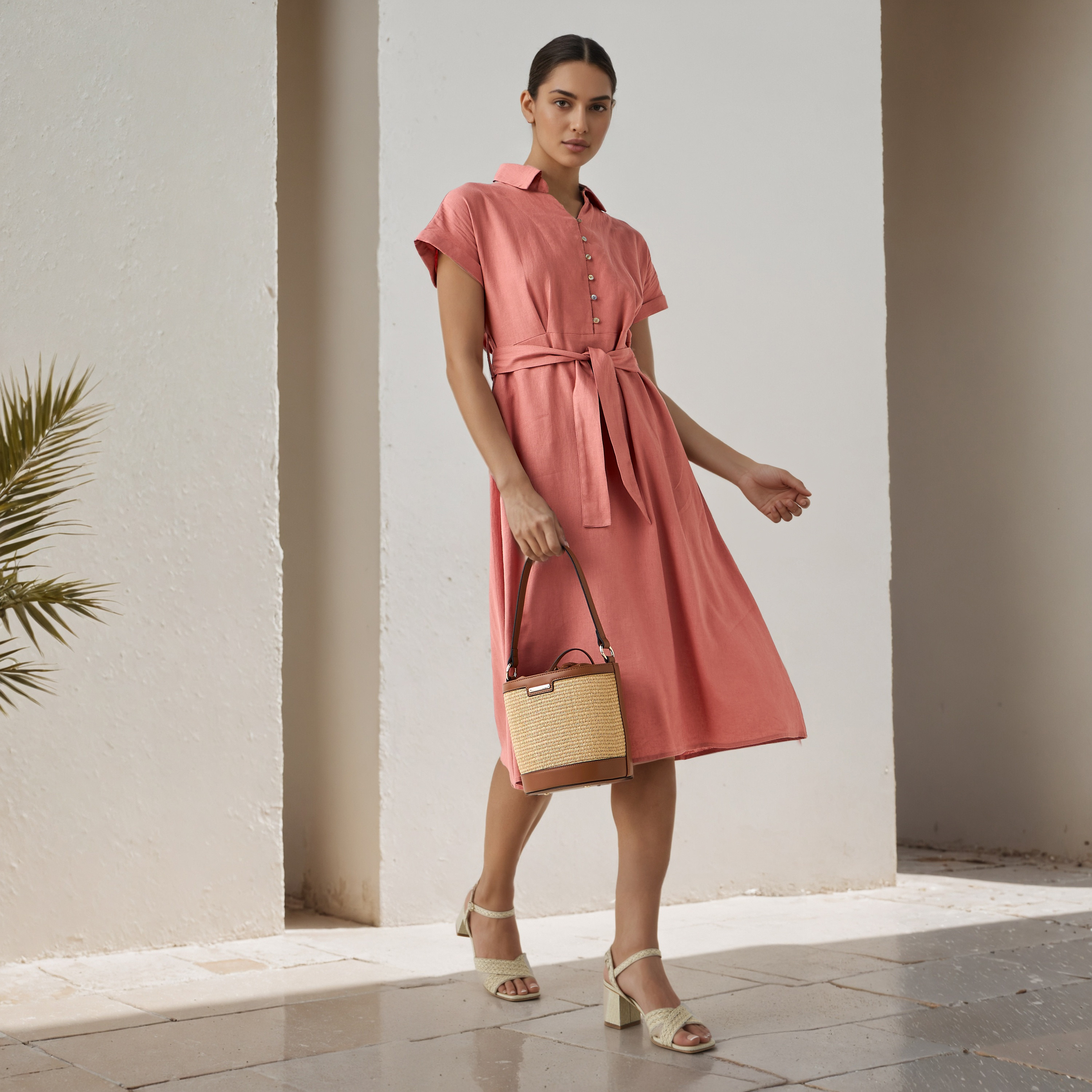 Shirt Knee-Length Dress with Waist Tie-Up-women-clothing-dresses-image-2