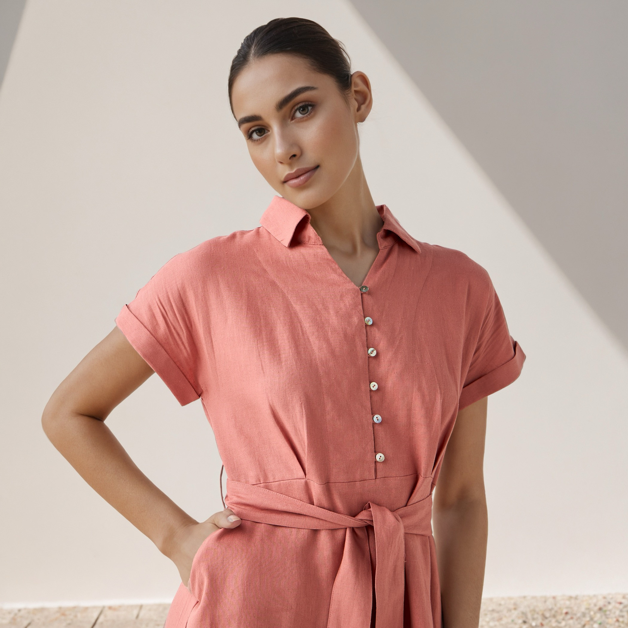 Shirt Knee-Length Dress with Waist Tie-Up-women-clothing-dresses-image-4